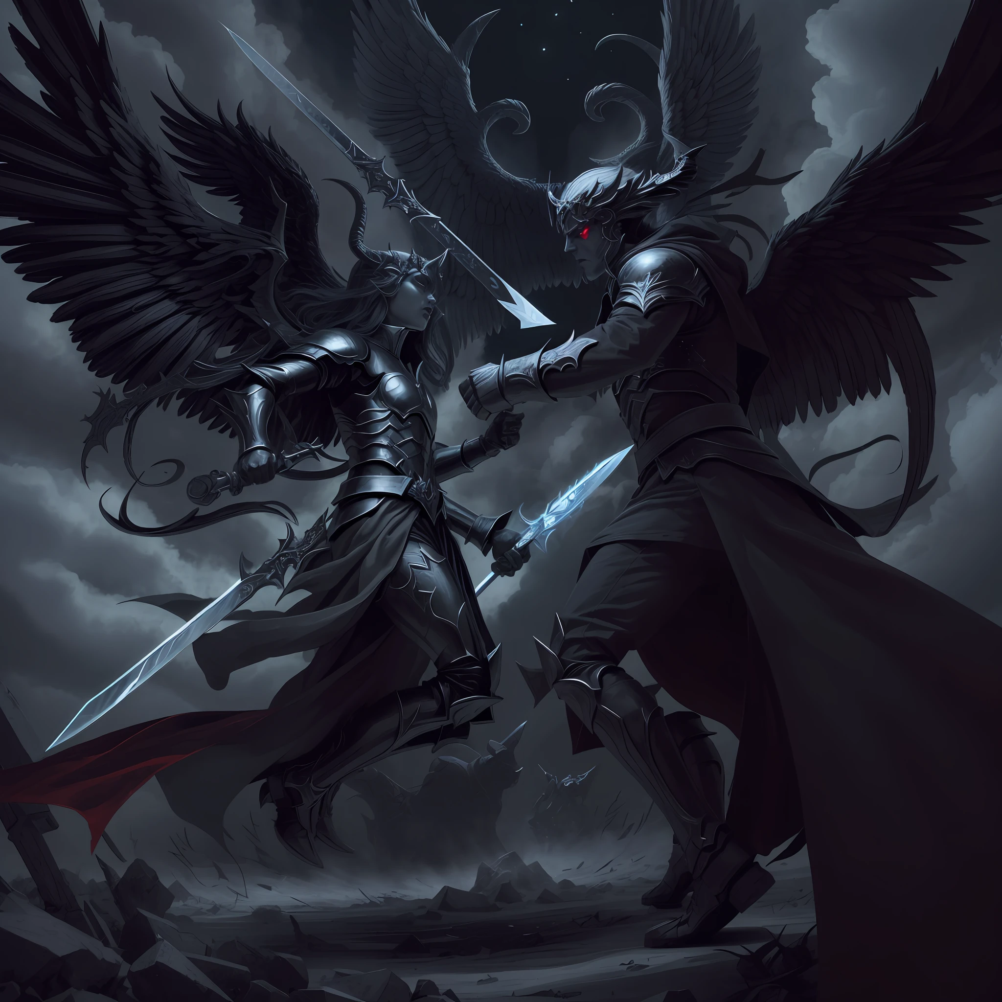 An angel full of lights and demon fire of darkness fighting for a sword in a dark sky, battle between good and evil, angels vs demons, battle between angels and demons, angel versus devil, good vs evil, eros and thanatos, devil versus angel, good and evil, good versus evil, beautiful gemini good and evil, angels and demons, angel watching demon, battle of good against evil, heaven vs hell