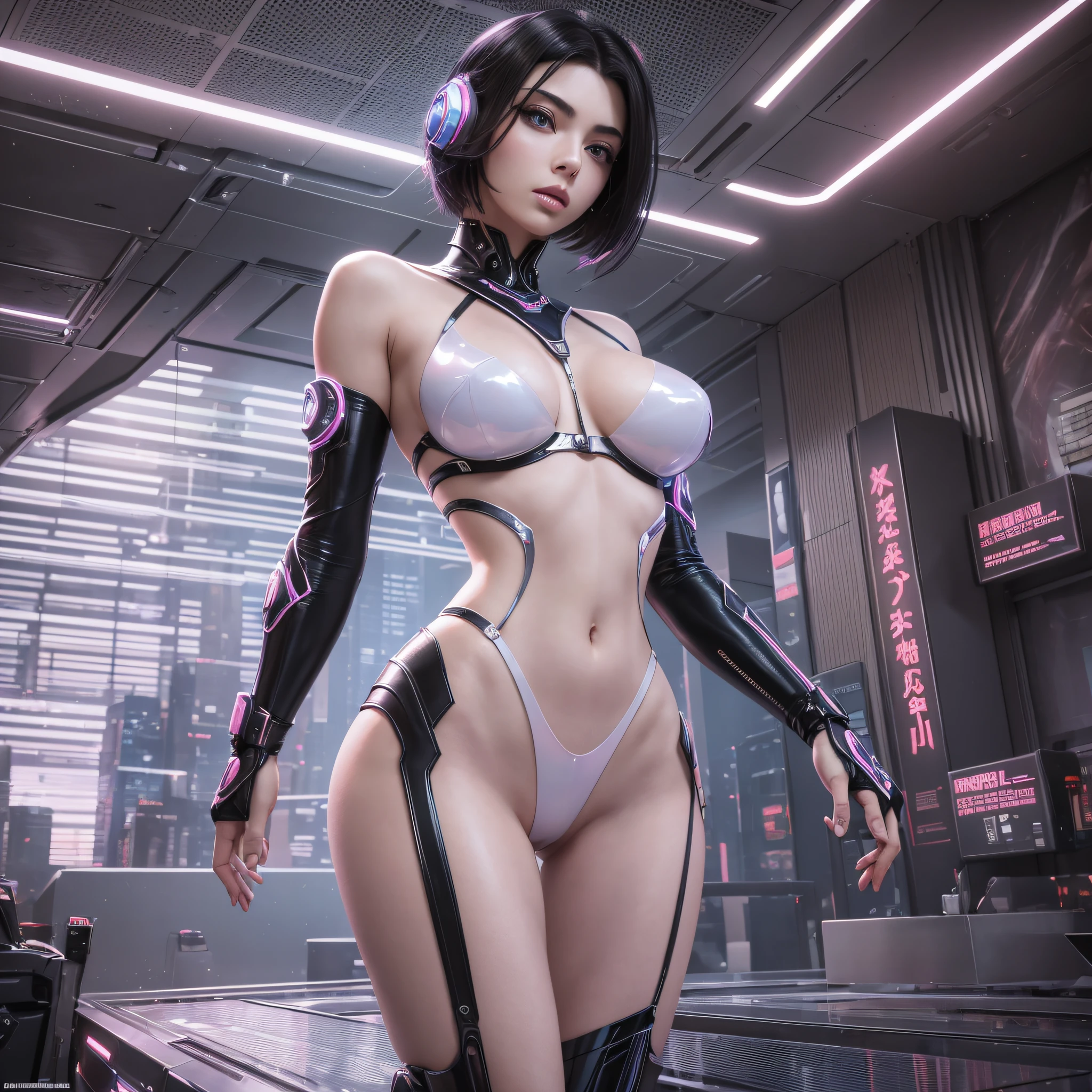 masterpiece, ethereal beauty, ethereal, cyberpunk, ultra realistic, woman 38 years, Like a Yael Shelbia, 3d, 3d rendering, porcelain, latex, Best quality, human anatomy, real hair, short hair, asymmetrical cut hair, moving hair, huge breasts, human anatomy, posing for photo, translucent, (ethereal, dreamlike), formidable, 8k wallpaper --auto --s2