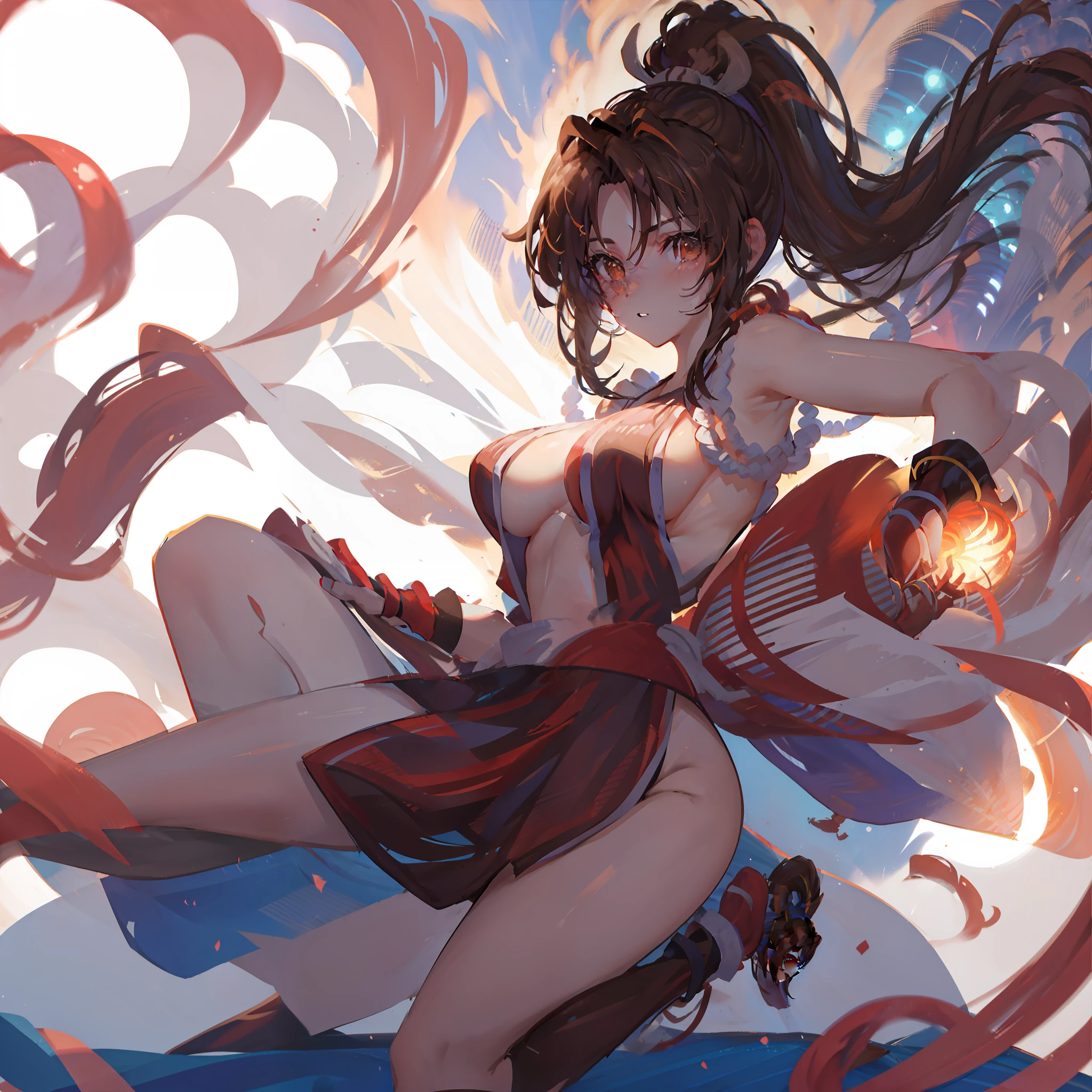 Mai Shiranui, doing a kick, dynamic pose, realistic lighting, vibrant colors, brown hair, big chest, beautiful, fighting