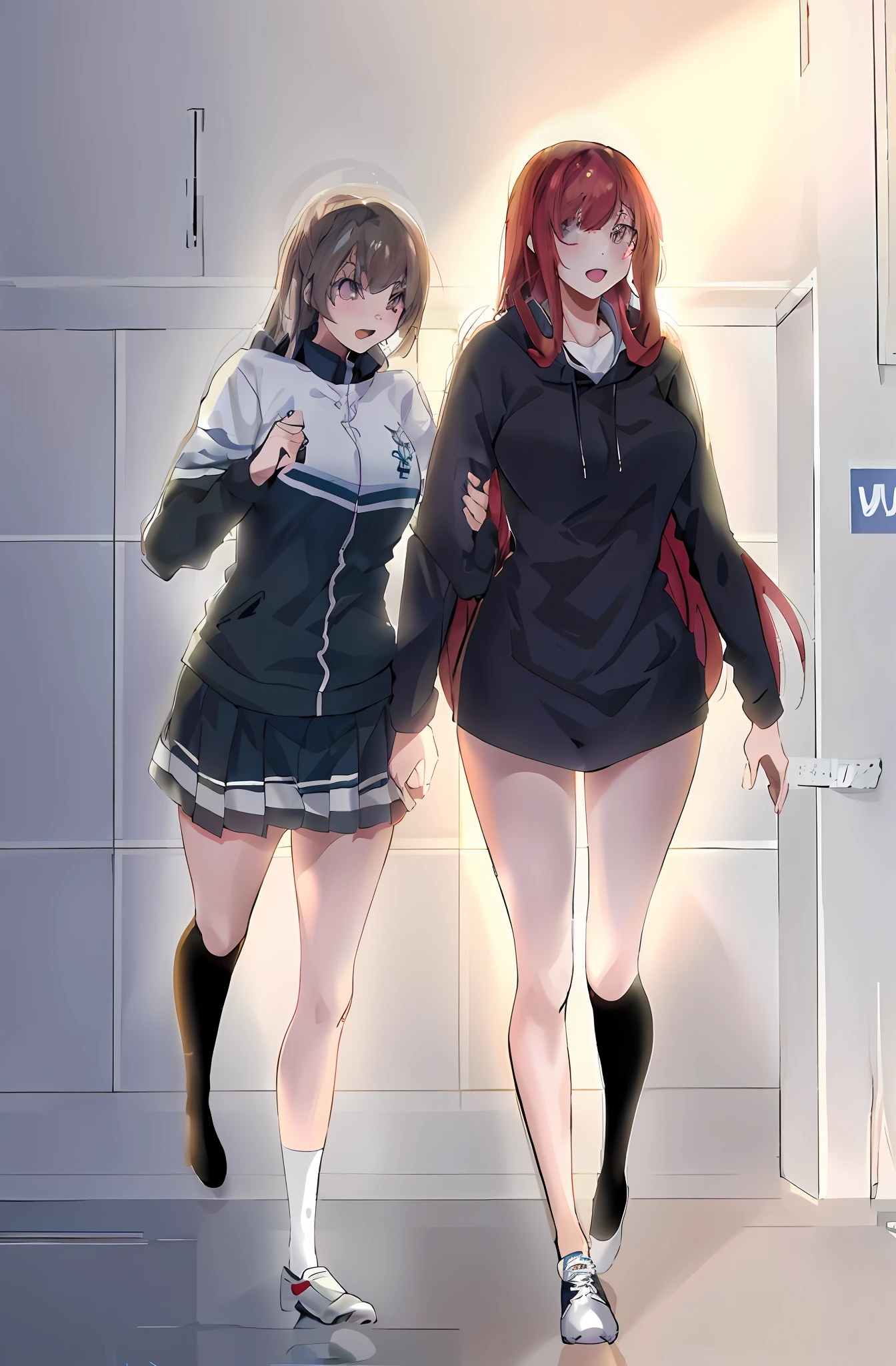 Two girls walking in the hallway, holding hands, anime image with door open, ecchi anime style, two beautiful anime girls, anime girl, girl front style, from girl front, Kantai series style, in pixiv, fine details. Girl Front, Double Tail, ecchi style, smooth anime CG art, two girls, [4K digital art]!!