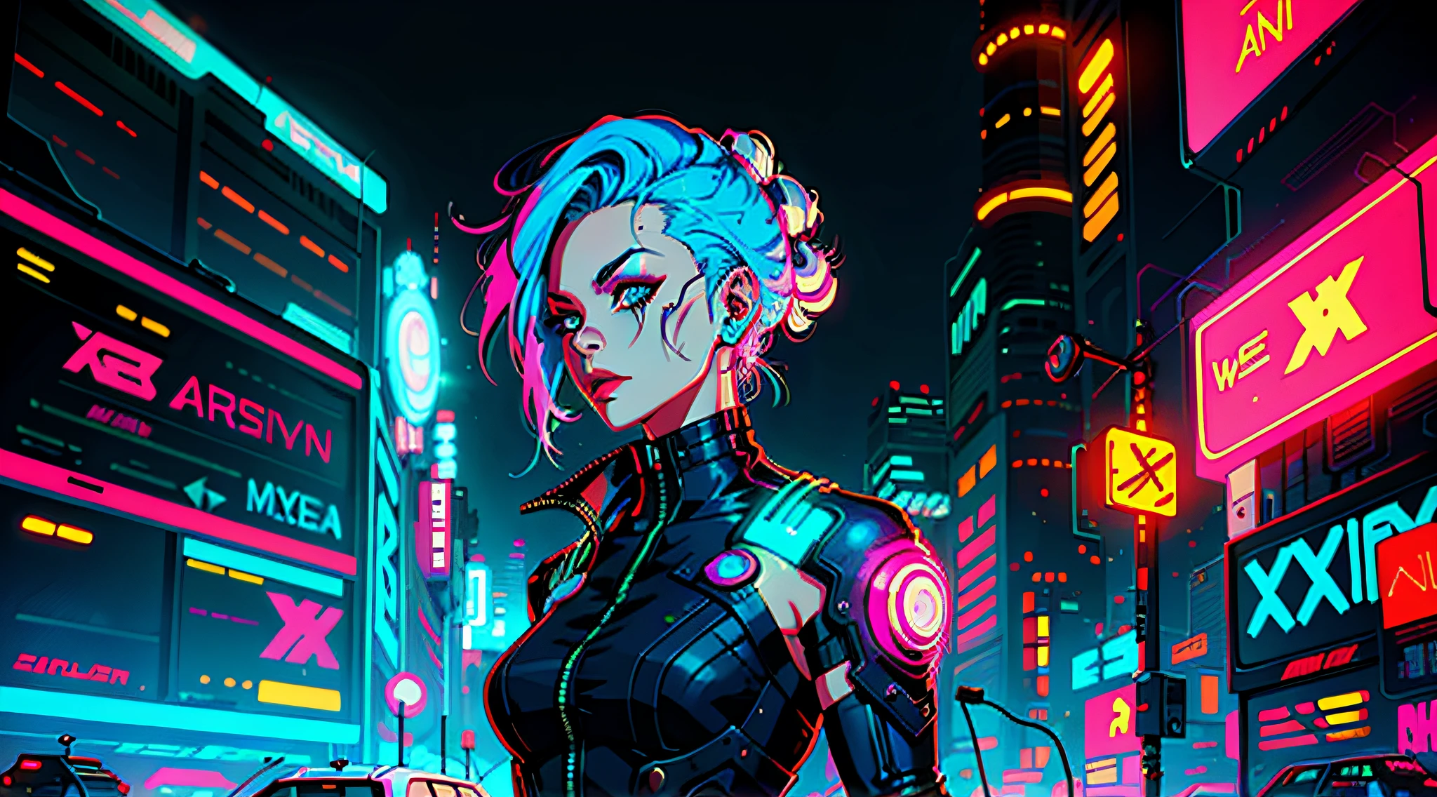 a digital painting of a woman with blue hair, cyberpunk art by Josan Gonzalez, behance contest winner, afrofuturism, synthwave, neon, glowing neon