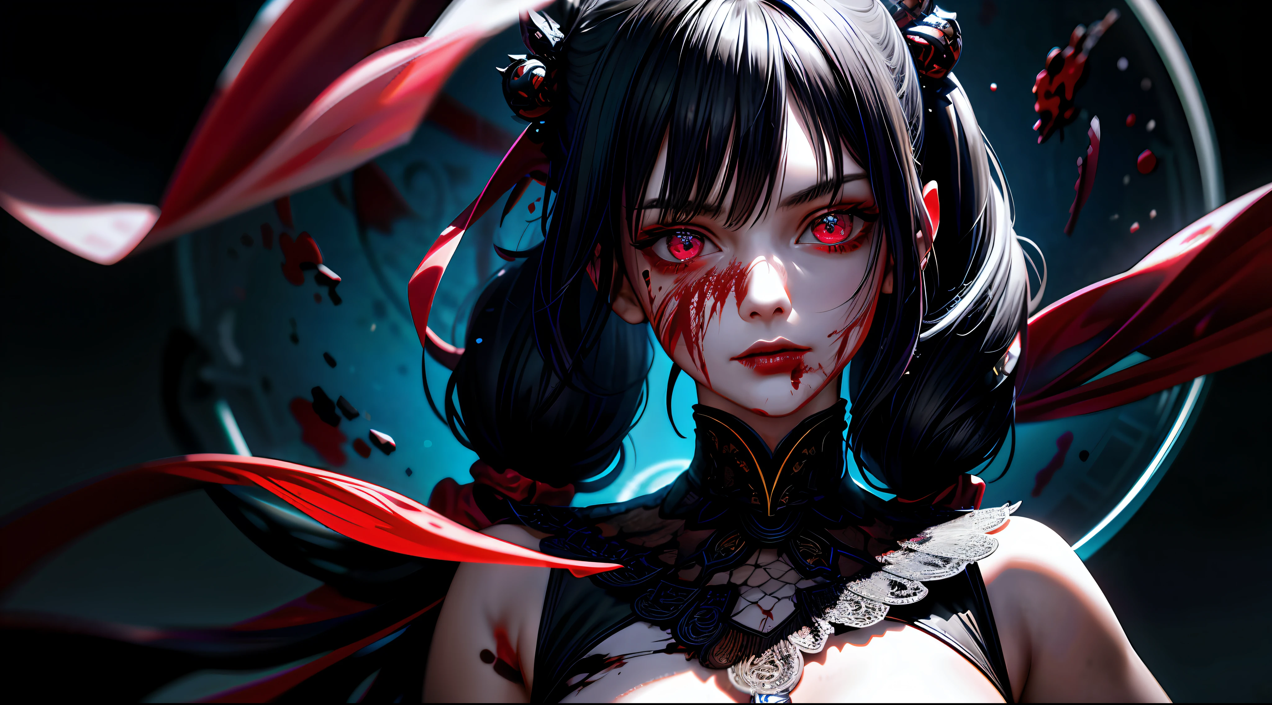 (masterpiece:1.2, best quality), (finely detailed beautiful eyes: 1.2), (detailed background,dark fantasy), (beautiful detailed face), high contrast, (best illumination, an extremely delicate and beautiful), ((cinematic light)), colorful, hyper detail, dramatic light, intricate details, (1 girl, solo,black hair, sharp face,low twintails,red eyes, hair between eyes,dynamic angle), (blood splatter:1.4), swirling black light around the character, depth of field,black light particles,(broken glass),magic circle,