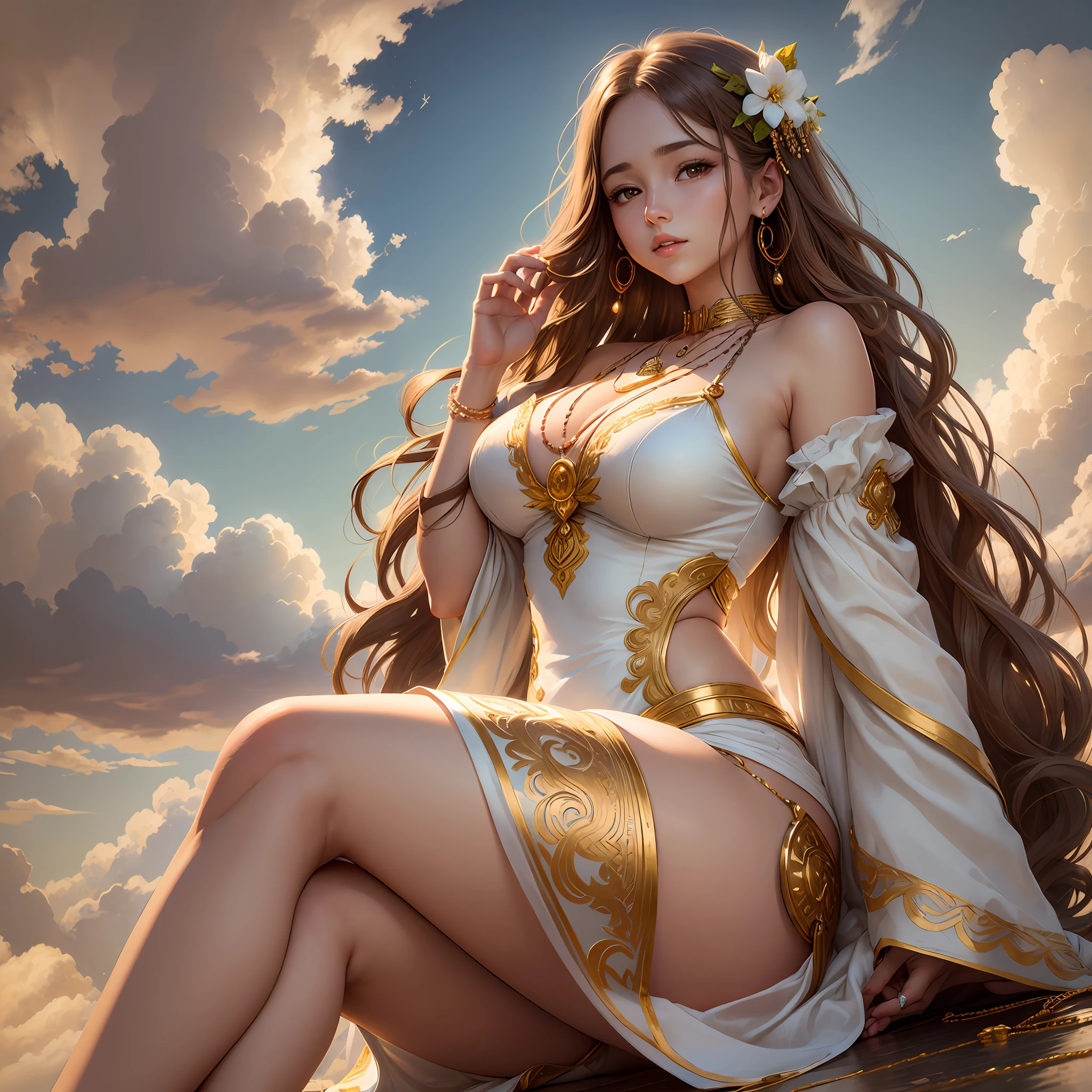 (Woman) young, (full body) wide hips and large breasts, (short dress) white coloration and gold embroidery on the edges, (wavy and long brown hair), (earrings), (necklaces), (landscape) clouds, clear sky with a beautiful sun, (body position) sitting on top of the clouds with her beautiful hands leaning against the clouds, (beautiful face). --auto --s2