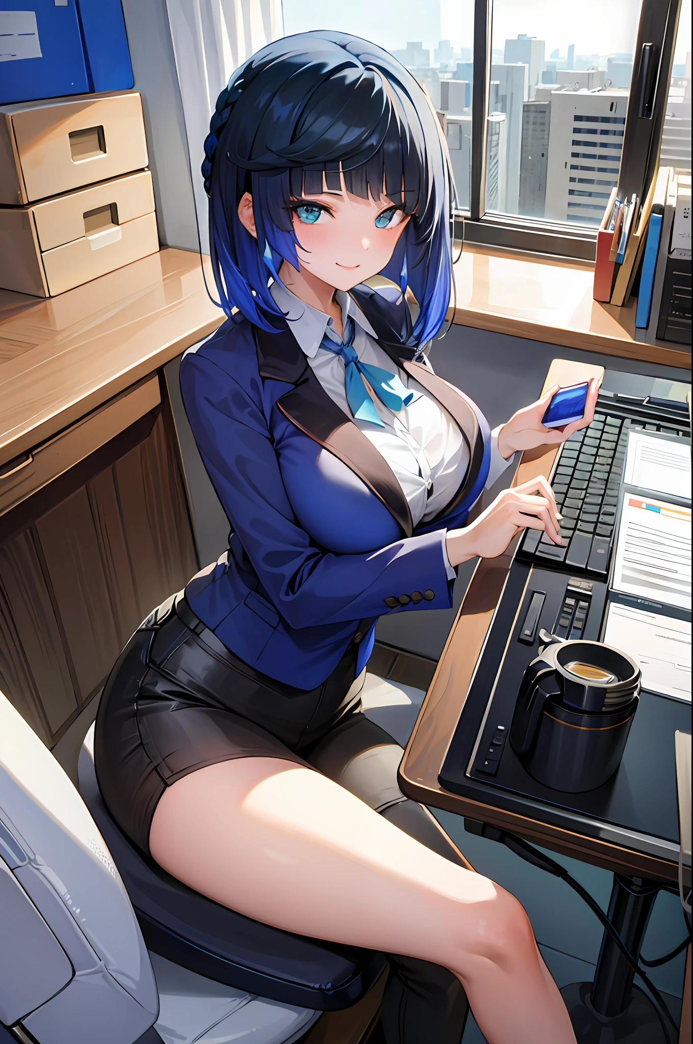 ((masterpiece, best quality)), (1girl),((mature female)), blue hair, ((office lady )),bangs,middle breast,(busty),slim,smile, [wide hips],office, work at the computer