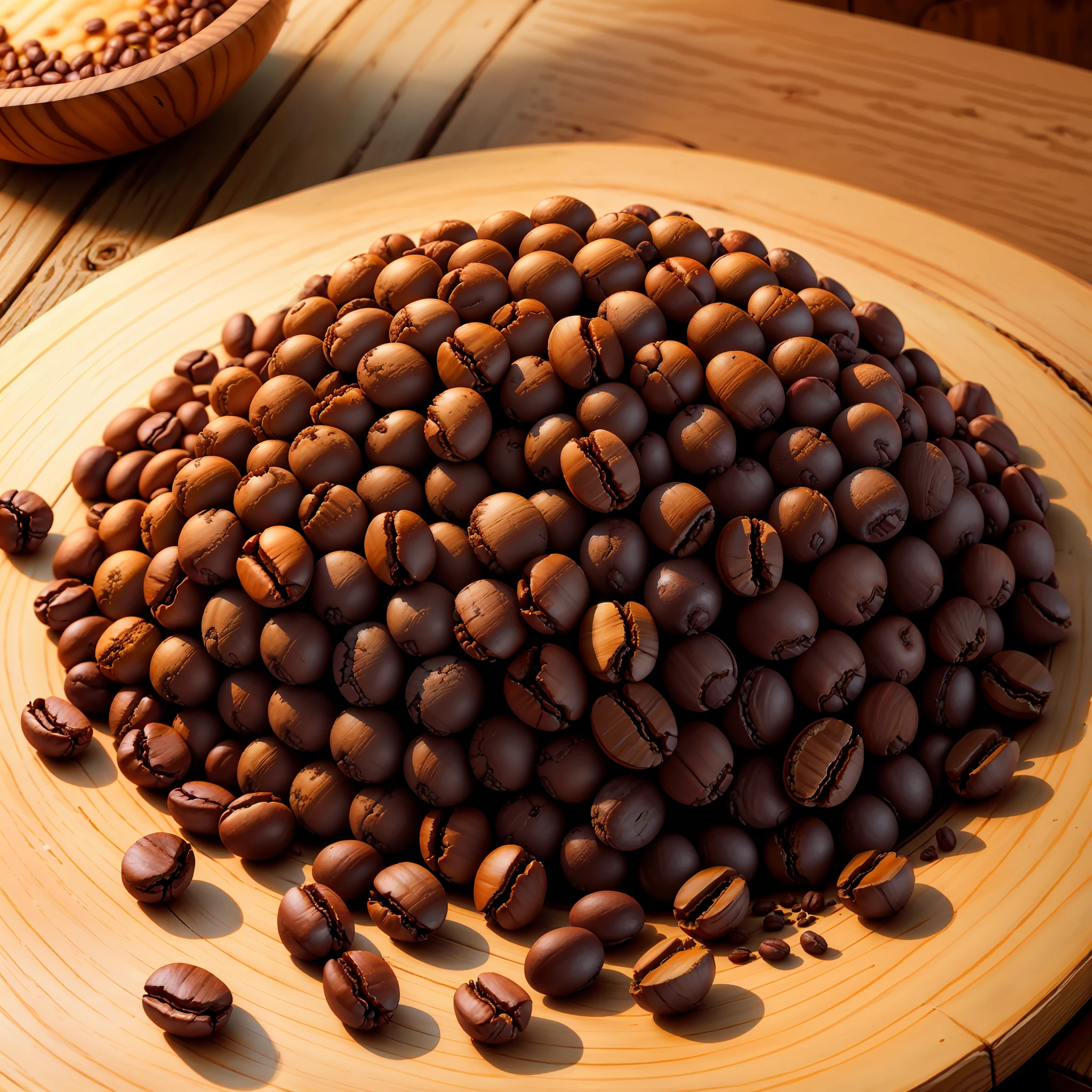 small pile of coffee beans on a rustic wooden table, soft, warm light. Capture a close-up, beans, textures, ultra realistic