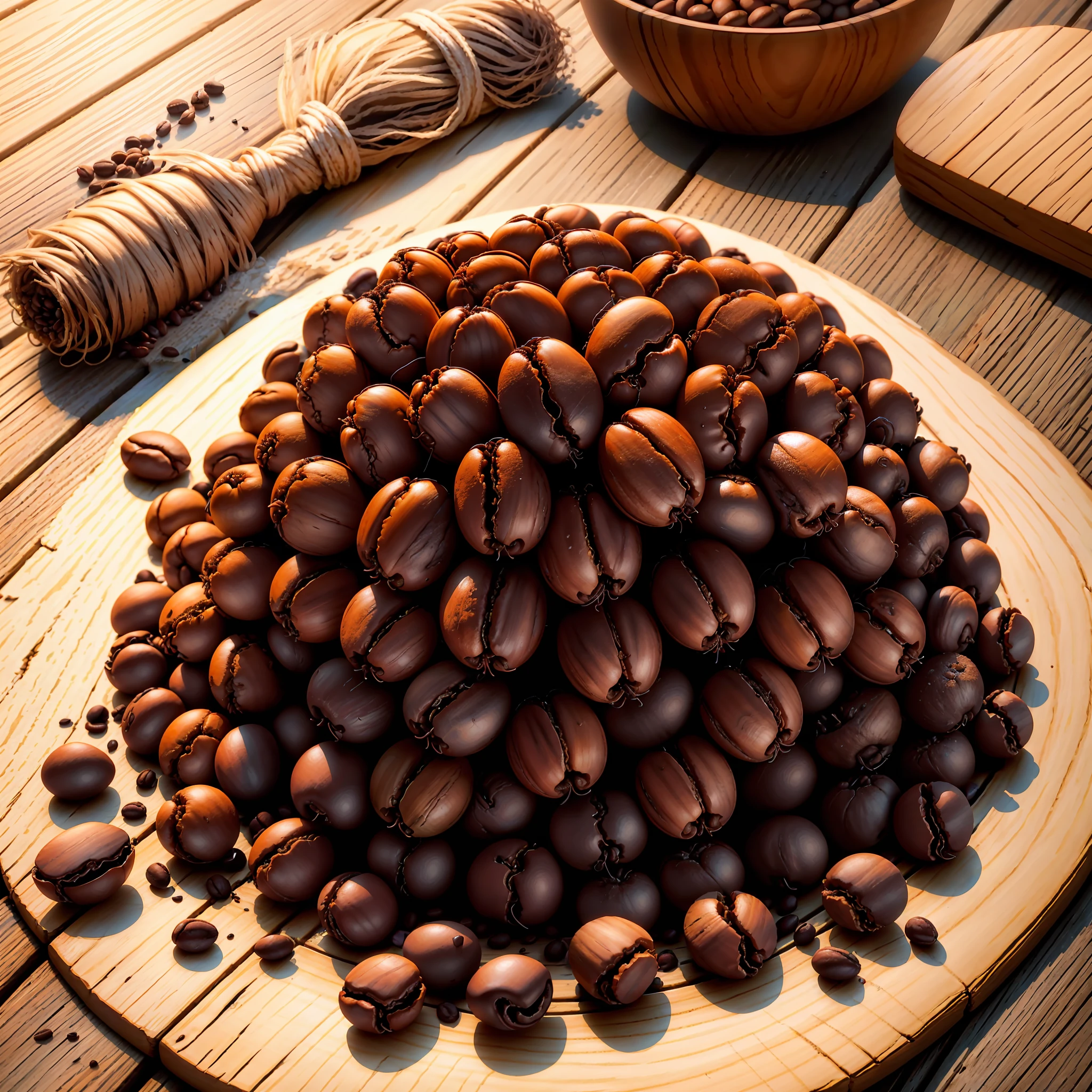 small pile of coffee beans on a rustic wooden table, soft, warm light. Capture a close-up, beans, textures, ultra realistic