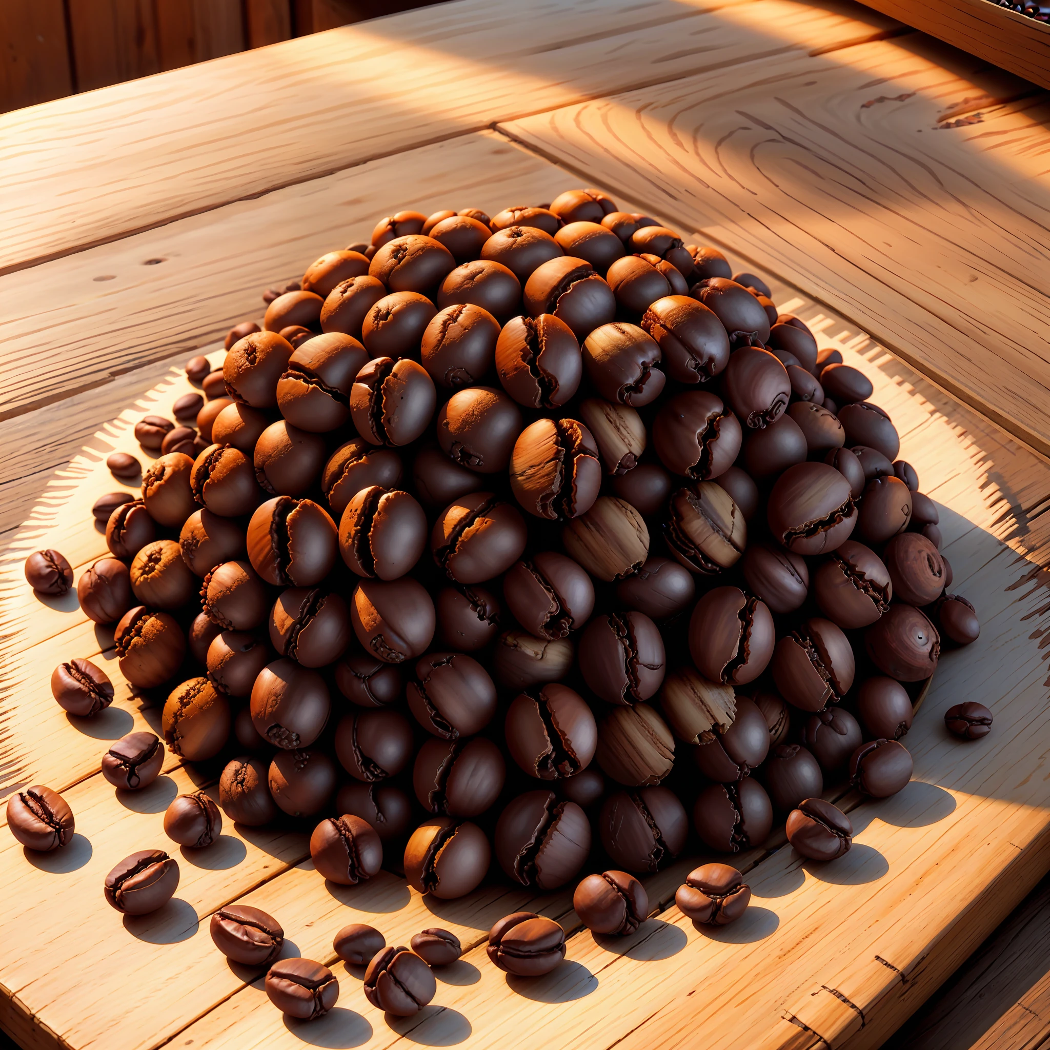 small pile of coffee beans on a rustic wooden table, soft, warm light. Capture a close-up, beans, textures, ultra realistic