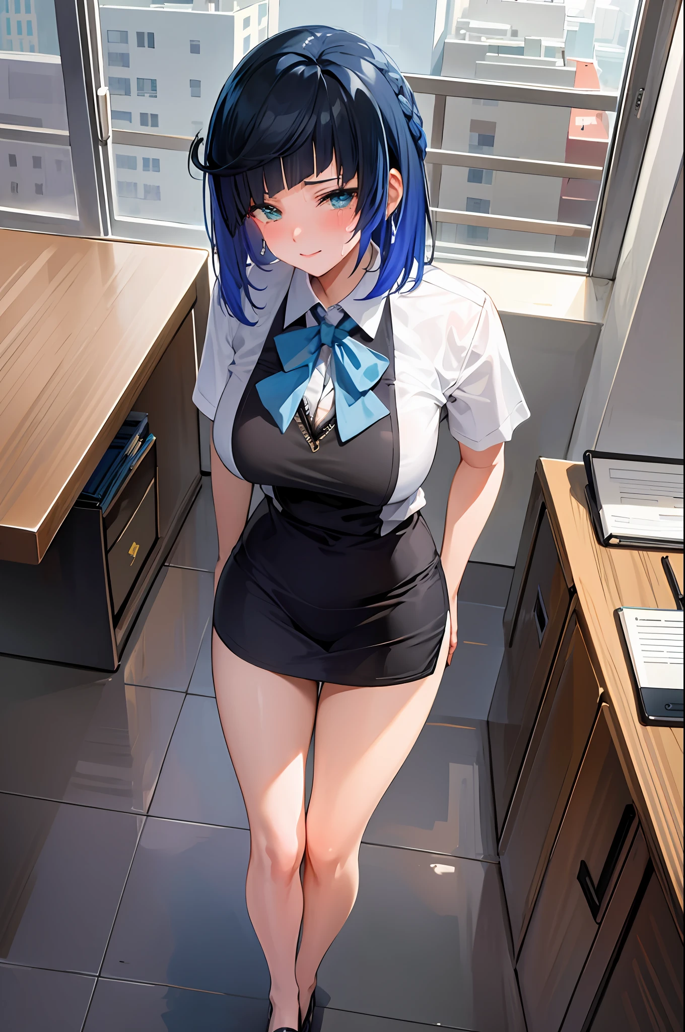 ((masterpiece, best quality)), (1girl),((mature female)), blue hair, ((office lady )),bangs,middle breast,(busty),slim,smile, [wide hips],office,(expression tired, tired, crying)