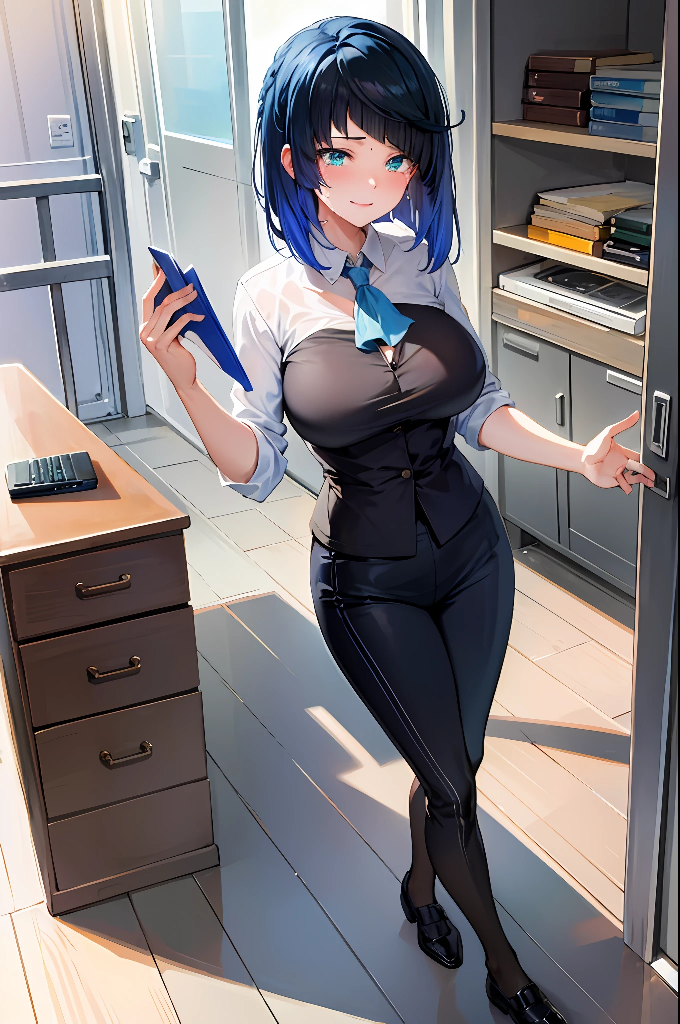 ((masterpiece, best quality)), (1girl),((mature female)), blue hair, ((office lady )),bangs,middle breast,(busty),slim,smile, [wide hips],office,(expression tired, tired, crying)