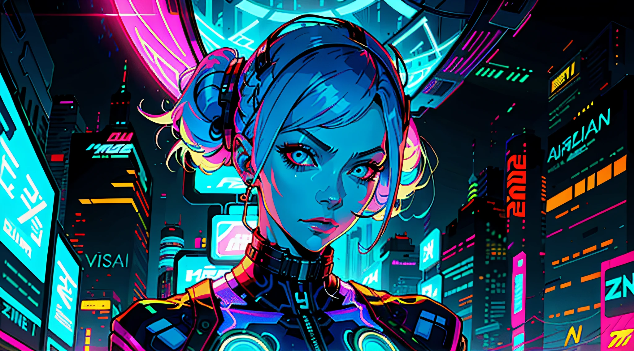 a digital painting of a woman with blue hair, cyberpunk art by Josan Gonzalez, behance contest winner, afrofuturism, synthwave, neon, glowing neon