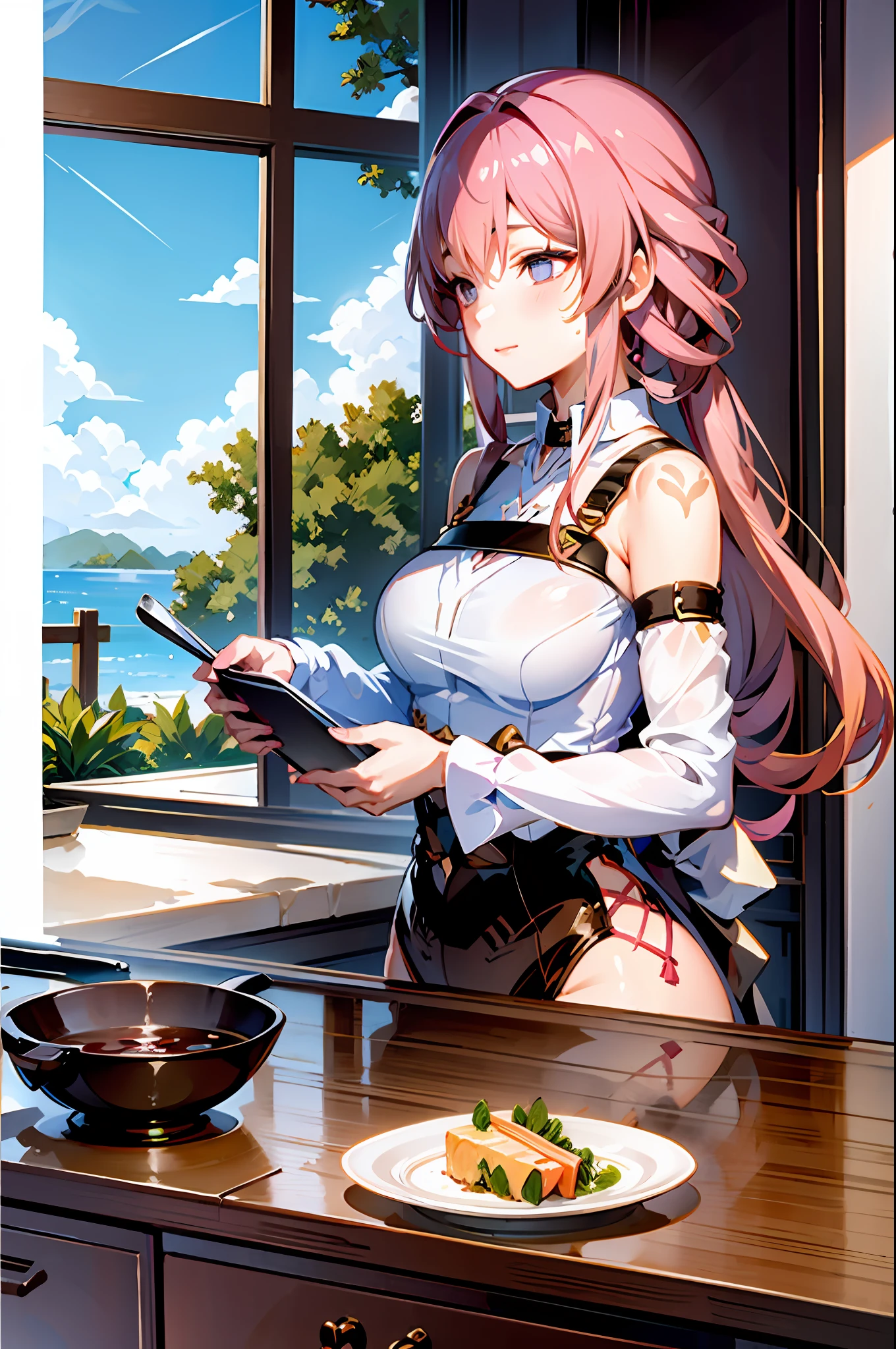 masterpiece, best quality, 1girl, (cooking), blonde hair, long hair, kitchen,
