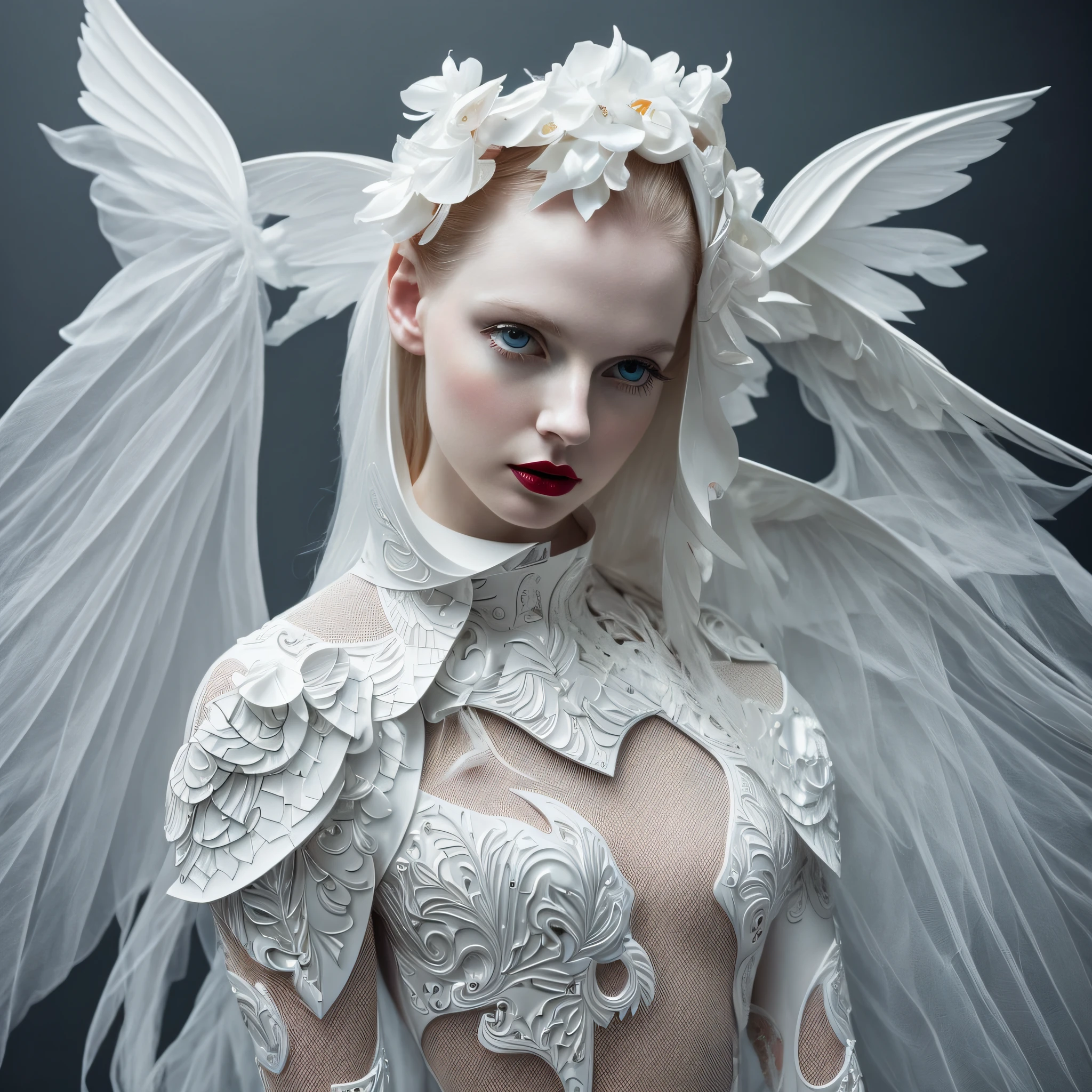 ((add_detail:1)),((angel)), arafed woman with a white dress and wings on her head, with intense red lipstick, porcelain cyborg, futuristic fashion, fractal ceramic armor, pale white porcelain skin, Iris van Herpen Rankin, futuristic and ethereal, porcelain cyborg armor, pale milky white porcelain skin, white porcelain skin, white porcelain skin,  Pale porcelain skin, HG Giger Flora Borsi, futuristic fashion woman, wearing futuristic --auto --s2