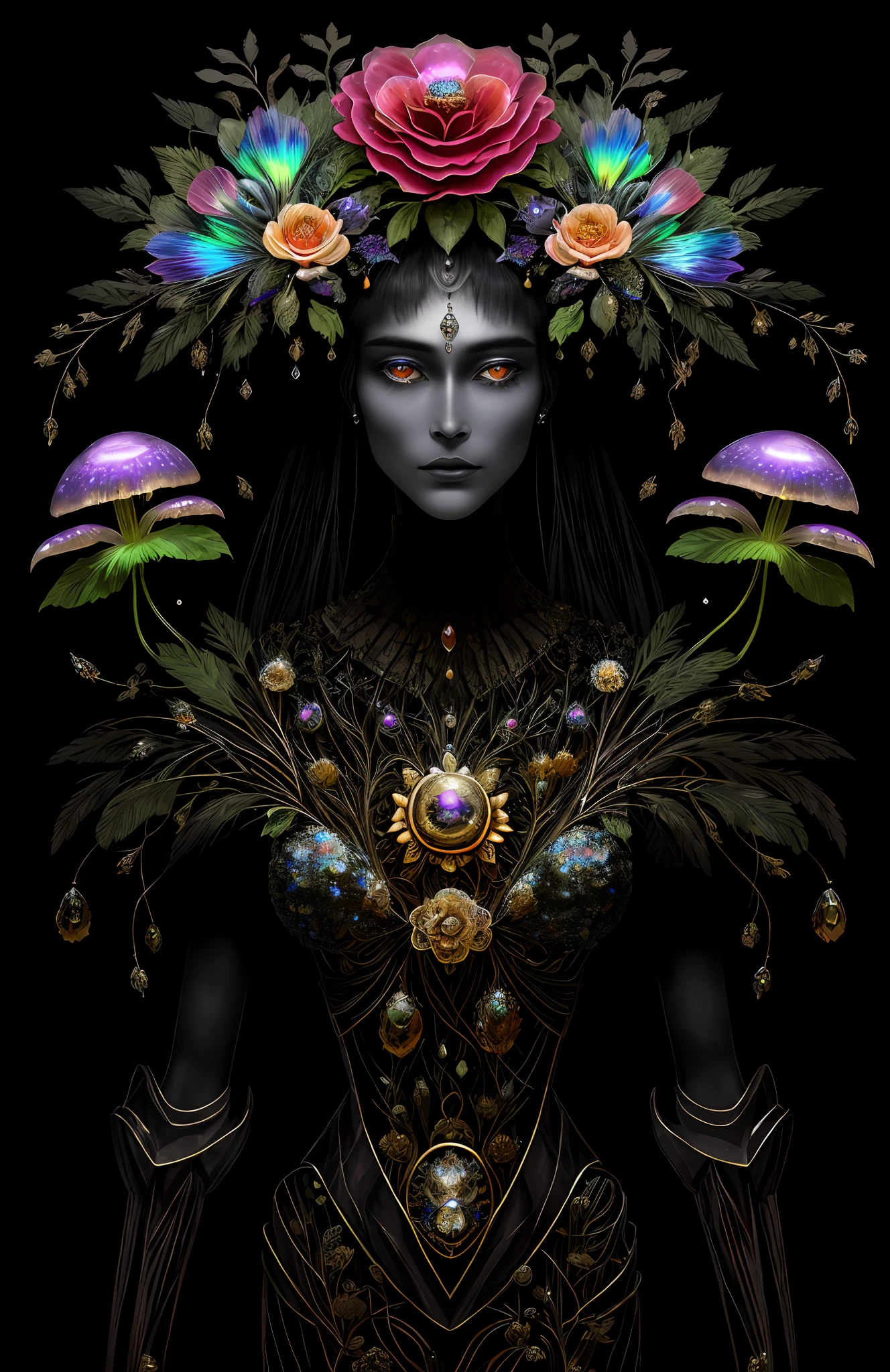 "Rosen maiden, (masterpiece, best quality), (illustration), strange fungal disease dense forest, transparent sticky substance, caustics, crystals, close-up, intricate details, dark background, sparkling spores, rainbow crystals, darkness", made of metal, cyborg: 1.1, [detailed wire]: 1.3, (complex details), HDR, (complex details, hyperdetailed: 1.2),