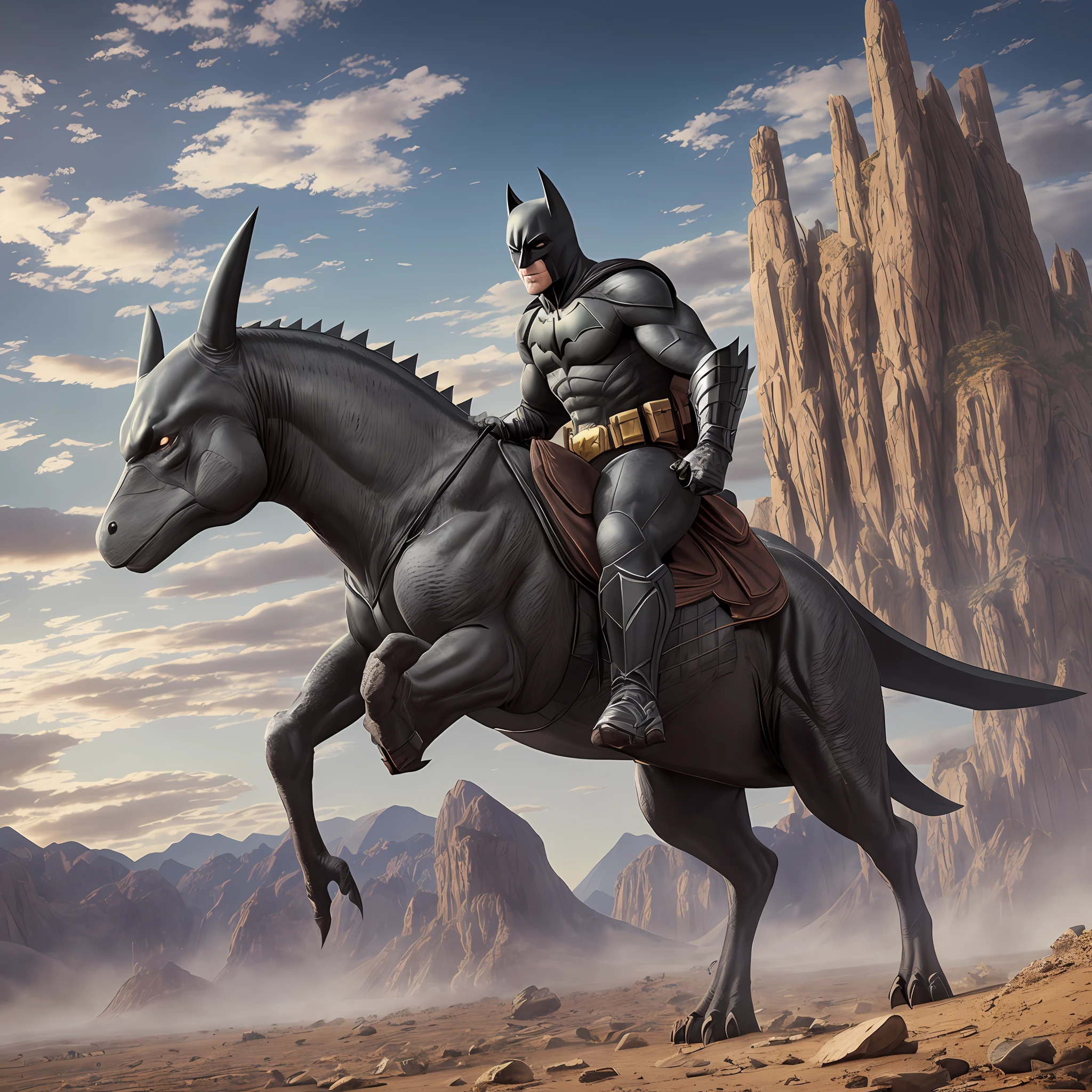 batman mounted on a dinosaur, high resolution, realistic, high quality, mountainous desert --auto --s2