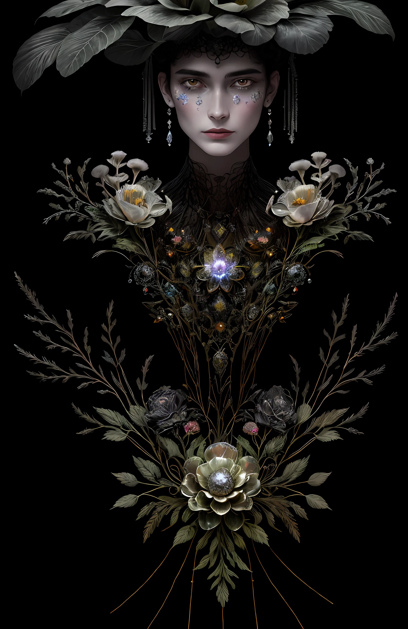"Rosen maiden, (masterpiece, best quality), (illustration), strange fungal disease dense forest, transparent sticky substance, caustics, crystals, close-up, intricate details, dark background, sparkling spores, rainbow crystals, darkness", made of metal, cyborg: 1.1, [detailed wire]: 1.3, (complex details), HDR, (complex details, hyperdetailed: 1.2),