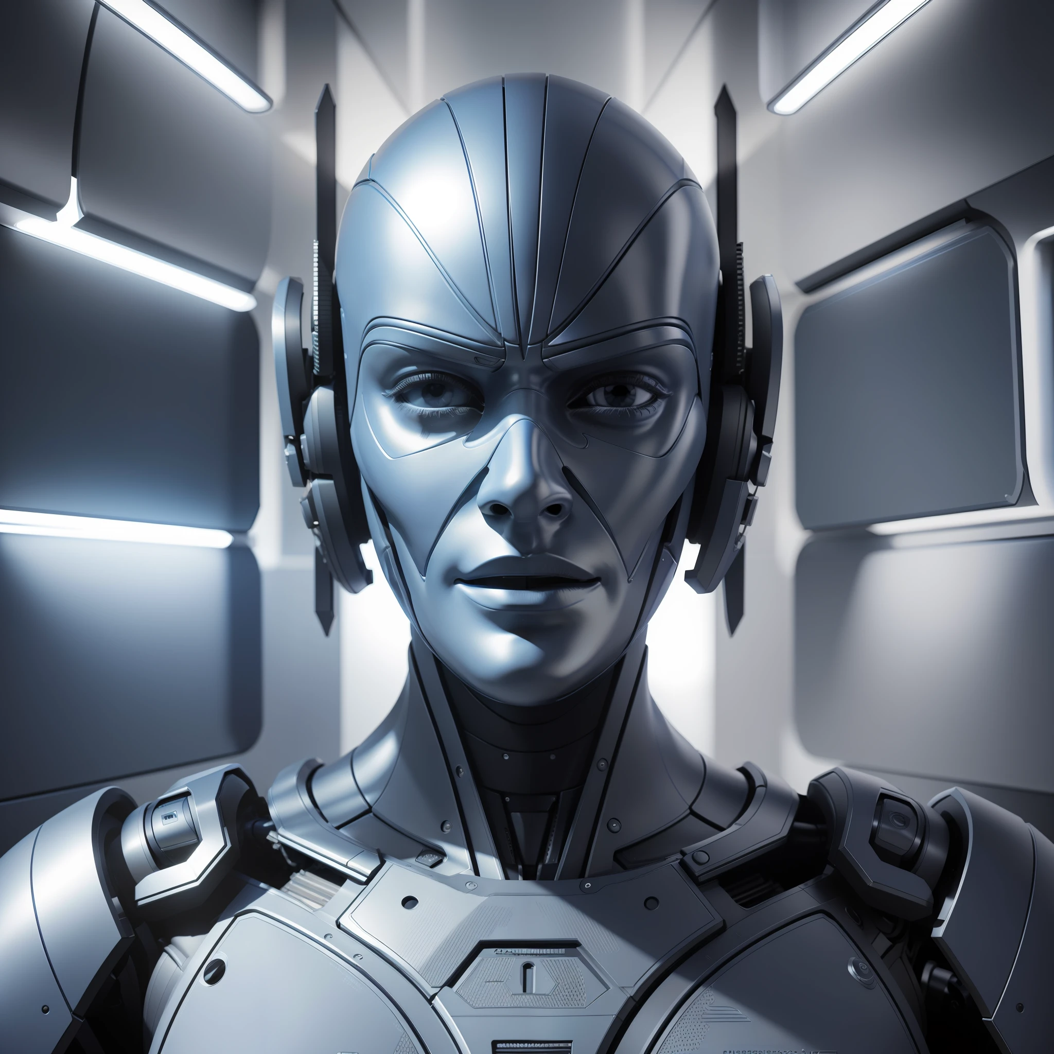 (Masterpiece) Excellent quality, ultra detailed, ultra-realistic android man with high-tech exoskeleton up to the neck, humanoid face in medium plane, 3D, hyper-realistic, enhanced shadows, perfect lighting, futuristic background in shades of blue and white, sophisticated technological environment.