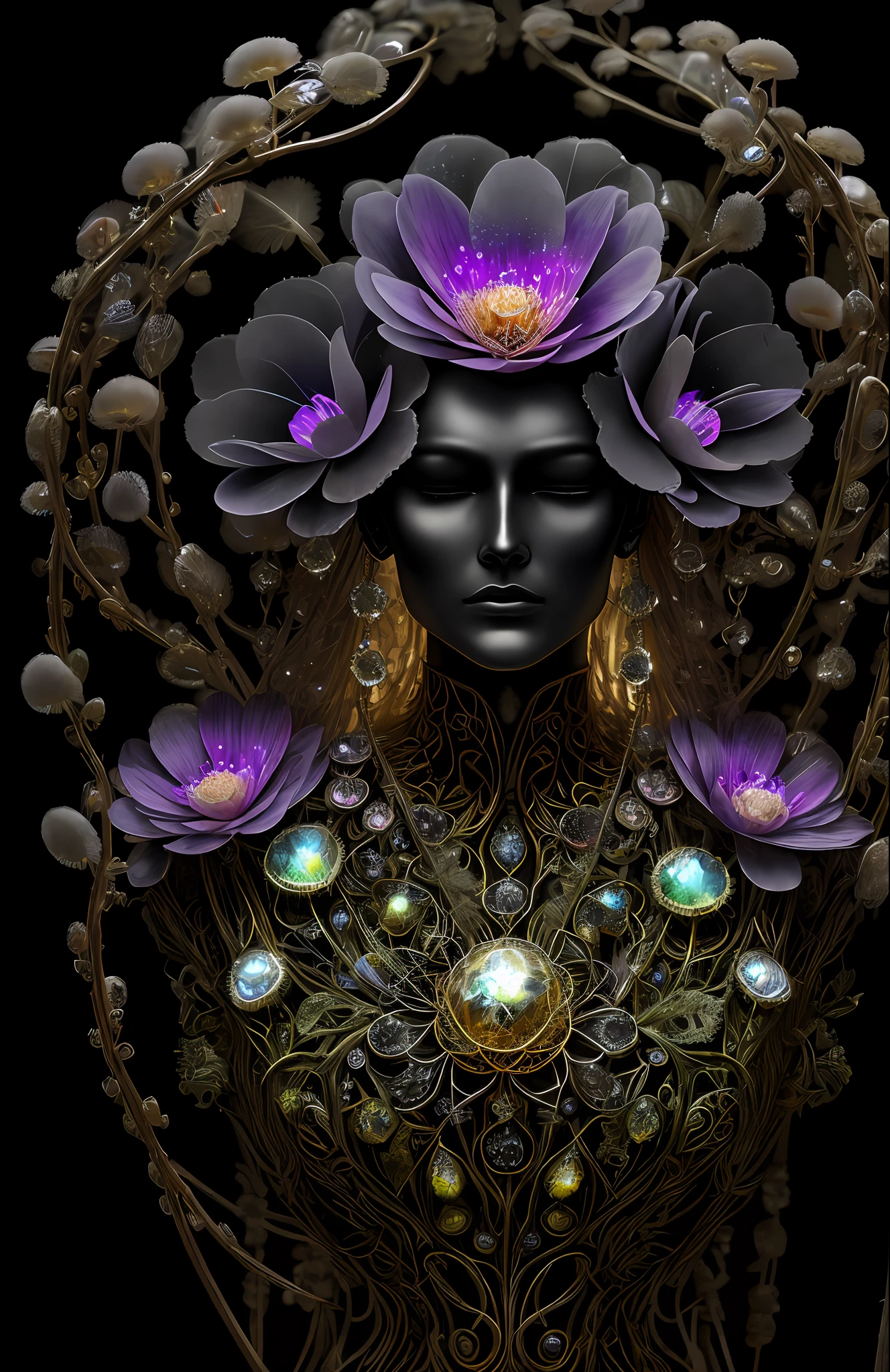 "Rosen maiden, (masterpiece, best quality), (illustration), strange fungal disease dense forest, transparent sticky substance, caustics, crystals, close-up, intricate details, dark background, sparkling spores, rainbow crystals, darkness", made of metal, cyborg: 1.1, [detailed wire]: 1.3, (complex details), HDR, (complex details, hyperdetailed: 1.2),