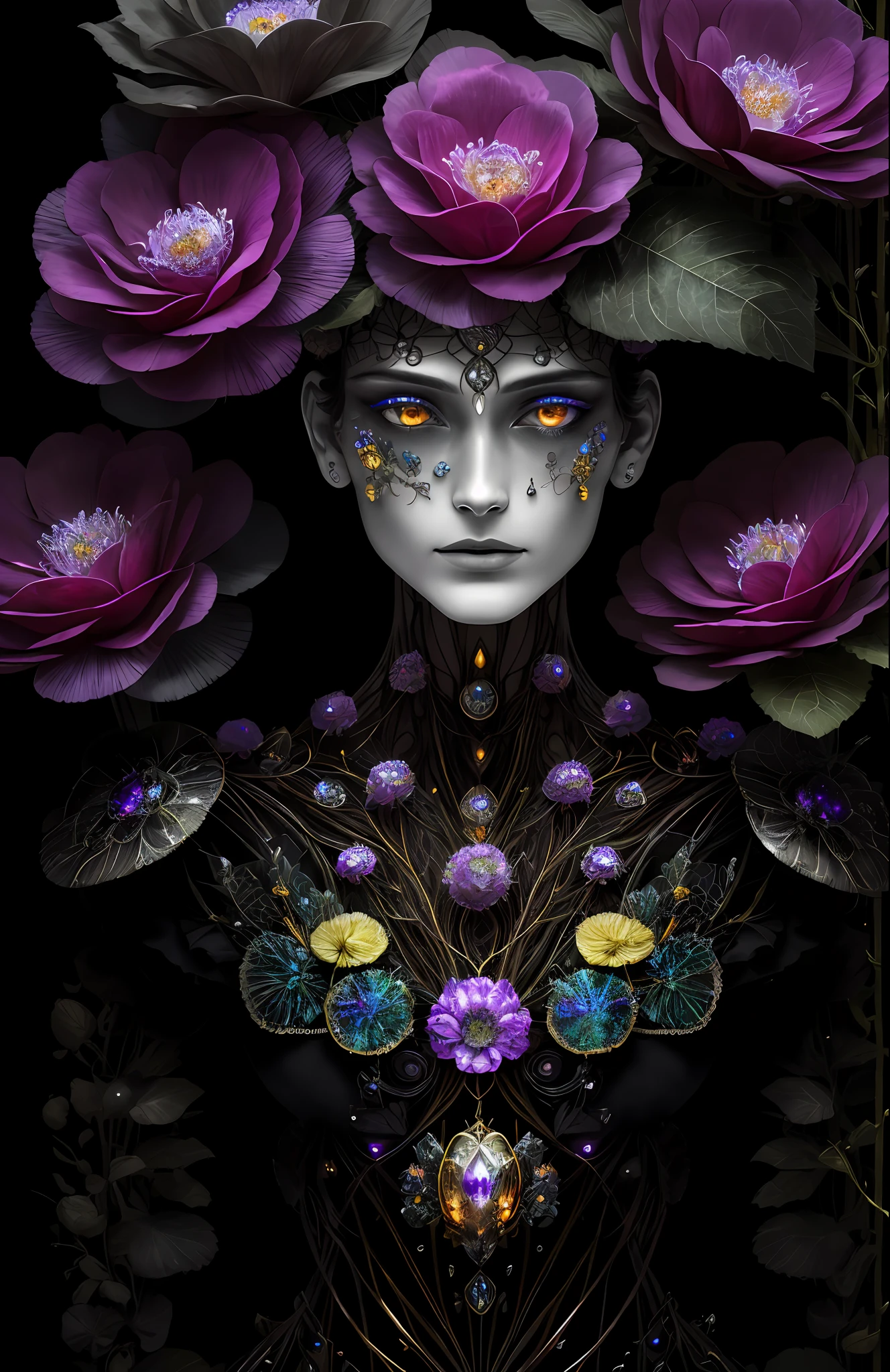 "Rosen maiden, (masterpiece, best quality), (illustration), strange fungal disease dense forest, transparent sticky substance, caustics, crystals, close-up, intricate details, dark background, sparkling spores, rainbow crystals, darkness", made of metal, cyborg: 1.1, [detailed wire]: 1.3, (complex details), HDR, (complex details, hyperdetailed: 1.2),