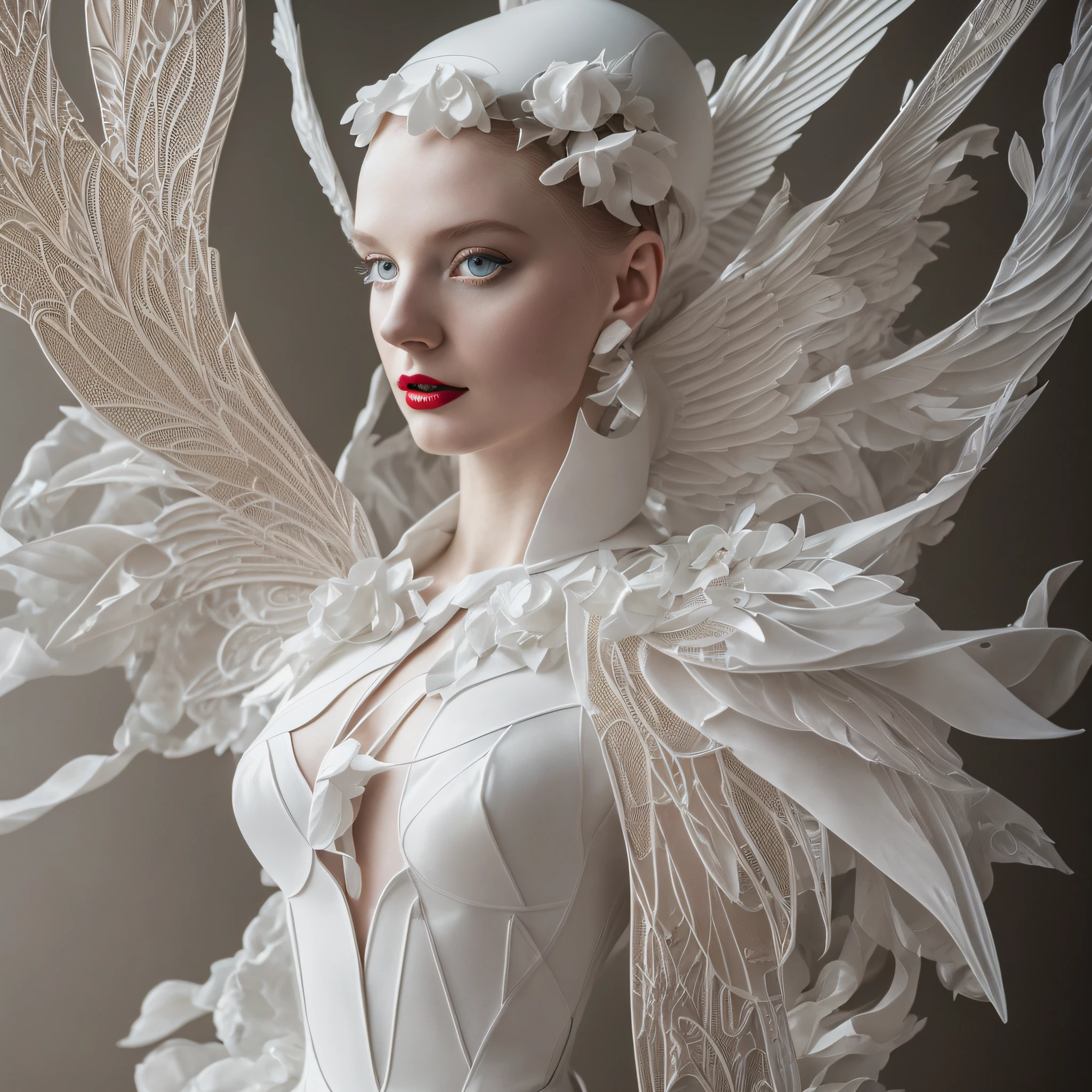 ((add_detail:1)),((angel)), arafed woman with a white dress and wings on her head, with intense red lipstick, porcelain cyborg, futuristic fashion, fractal ceramic armor, pale white porcelain skin, Iris van Herpen Rankin, futuristic and ethereal, porcelain cyborg armor, pale milky white porcelain skin, white porcelain skin, white porcelain skin,  Pale porcelain skin, HG Giger Flora Borsi, futuristic fashion woman, wearing futuristic --auto --s2