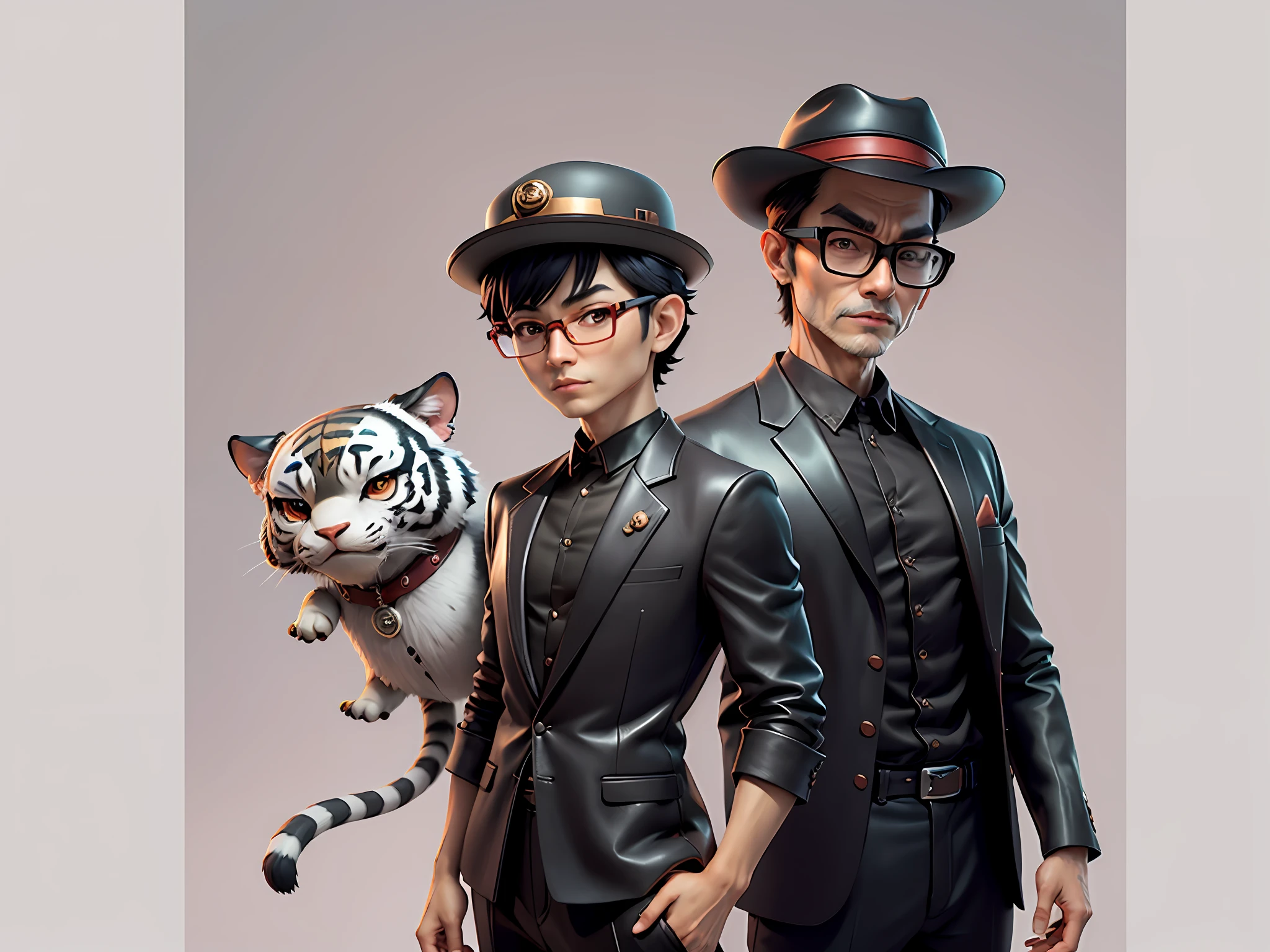 Young man with oriental face in leather hat, tiger, oriental face in formal suit, short black hair, silver glasses, digital painting, 3D character design by Mark Clairedon and Pixar and Hayao Miyazaki and Akira Toriyama, the illustration is a high-definition illustration in 4K resolution with very detailed facial features and cartoon-style visuals.