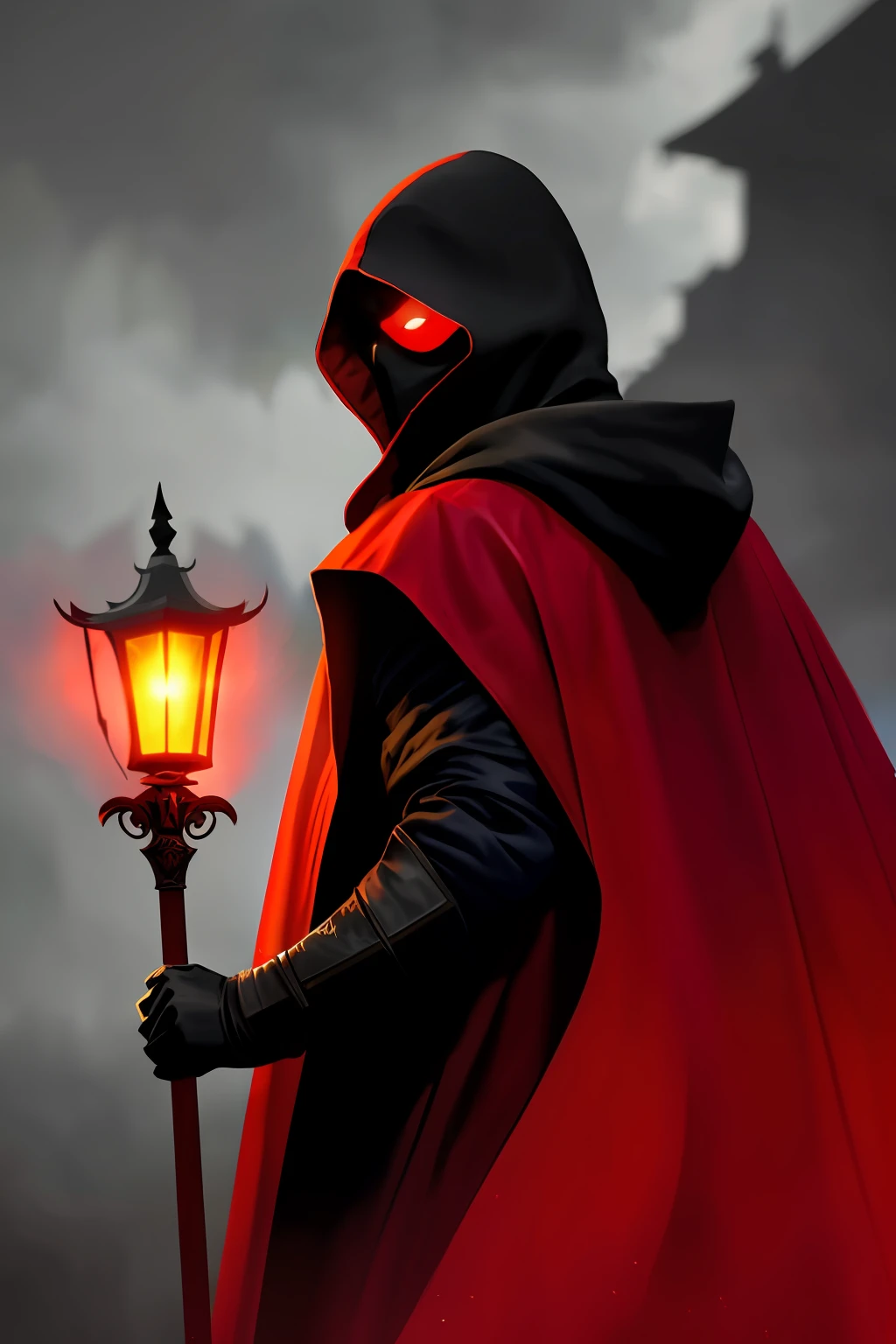 A shadowy man, red closed robe, cloak hiding body,red hood, mask hiding face, ghastly, scary, white crow mask with golden beak, red hooded robe, dark scenery, dark night, halberd on the back, realistic image, 8k image, HD image, High resolution, masterpiece