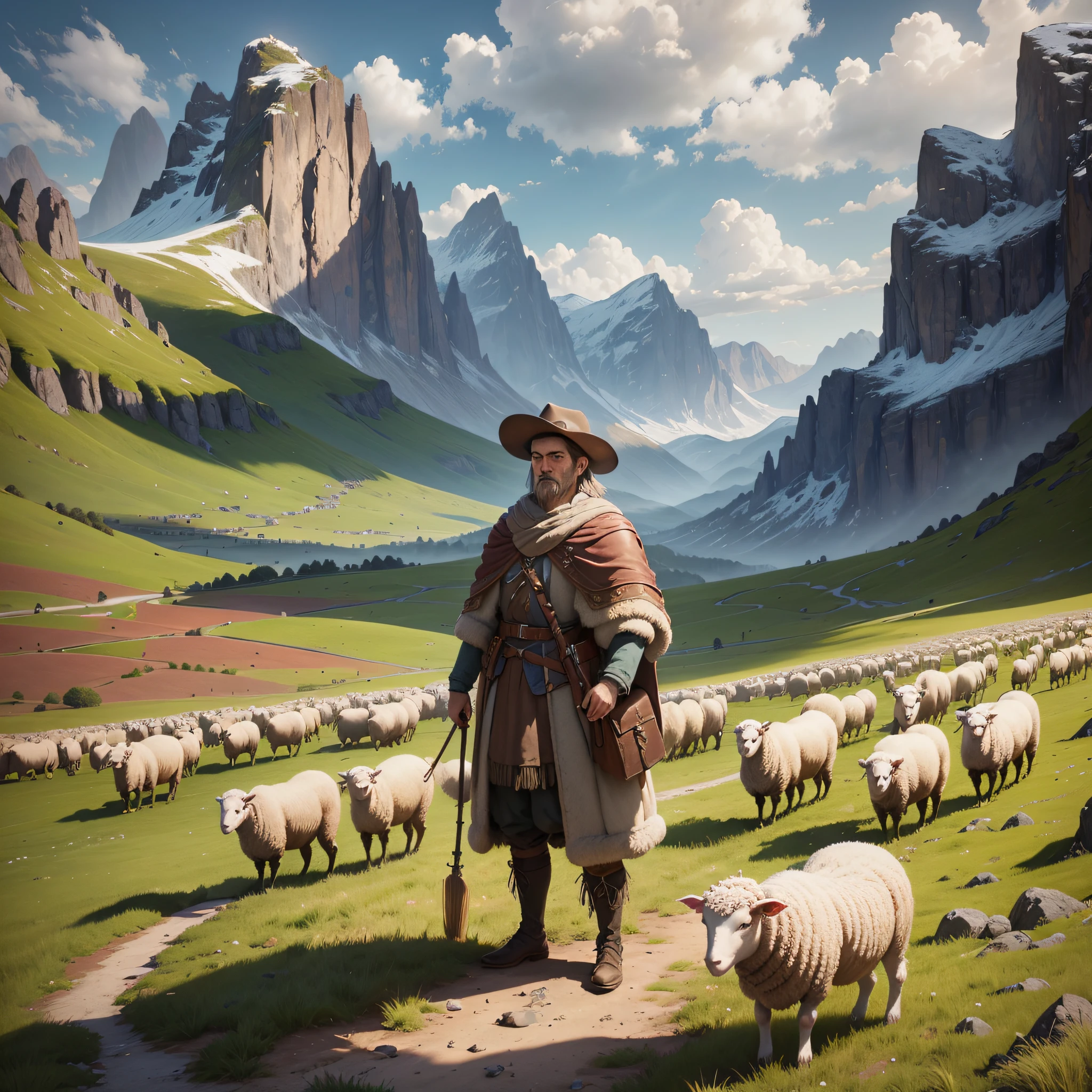 there is a man standing in a field with sheep and mountains, by Alexander Kucharsky, illustration matte painting, in a mountain valley, render 3d and matte painting, by László Balogh, inspired by Christoph Ludwig Agricola, inspired by Raphael Lacoste, inspired by Jakub Schikaneder, matte painting rendered in 3d, realistic fantasy rendering. Please place the sheep without missing parts. --auto --s2