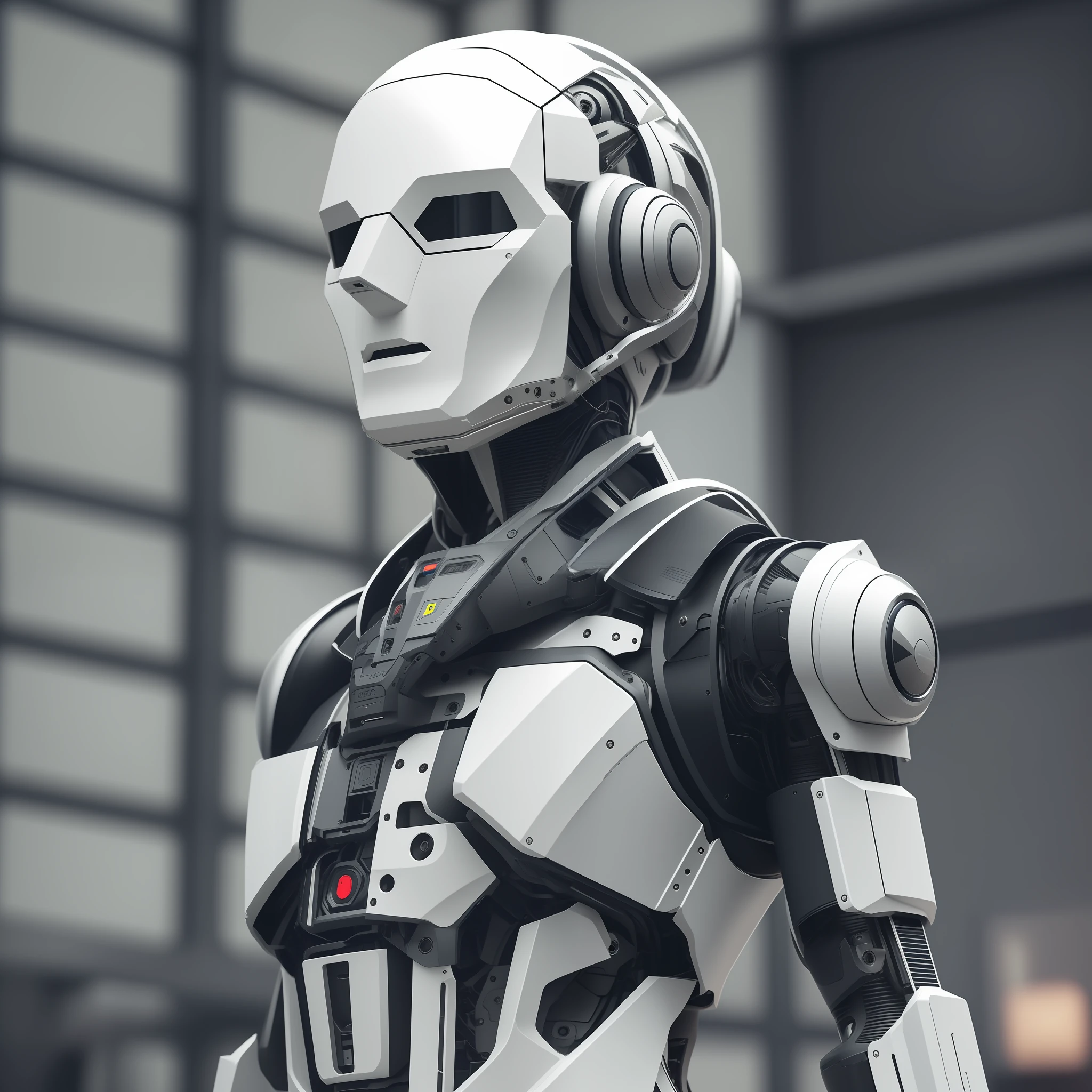 Android ultra realistic rich in technological details with machine body in exoskeleton up to the neck, artificially human face in medium plane, 3d, hyper realistic