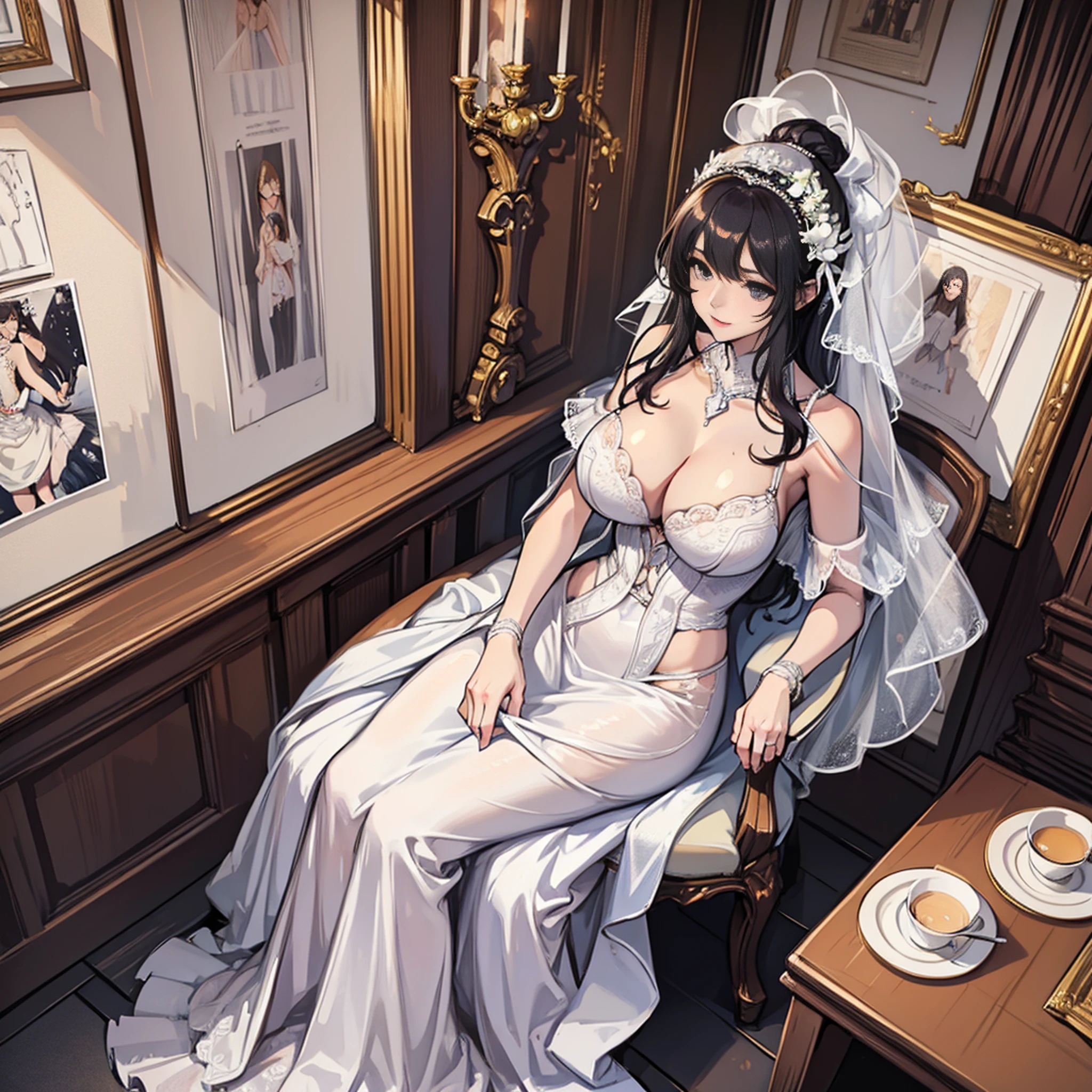 Picture of woman in wedding dress, poster, pixiv, covered SFW huge breasts, big!,Woman in white dress is sitting in dining room