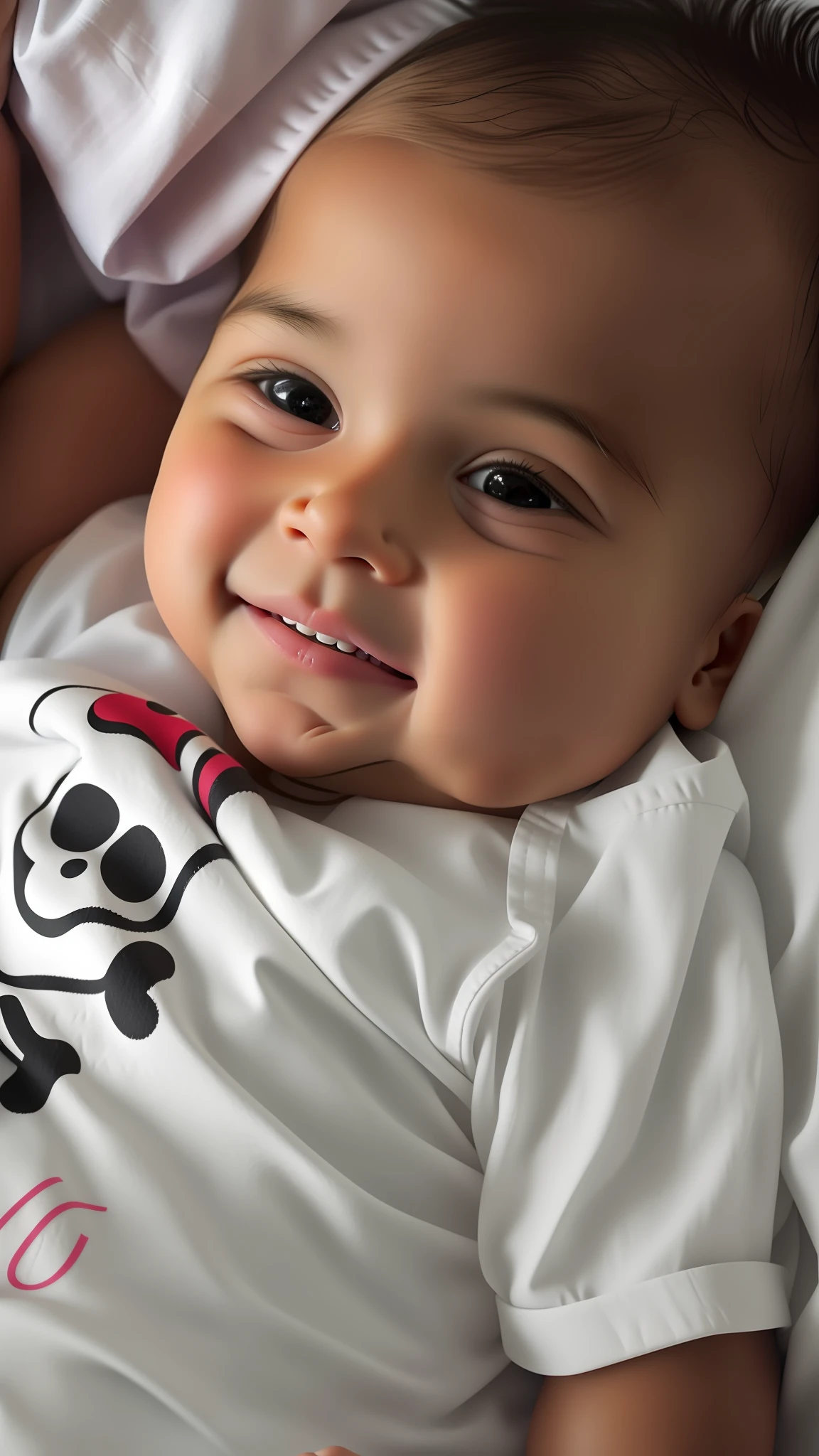 there is a  that is laying down with a shirt on, closeup of an adorable, happily smiling at the camera, unsettling grin, caio santos, cute boy, innocent smile, welcoming grin, cute face, riyahd cassiem, almost smiling, sweet smile, very slightly smiling, cute smile, beautiful cute, mischievous grin, rosey cheeks