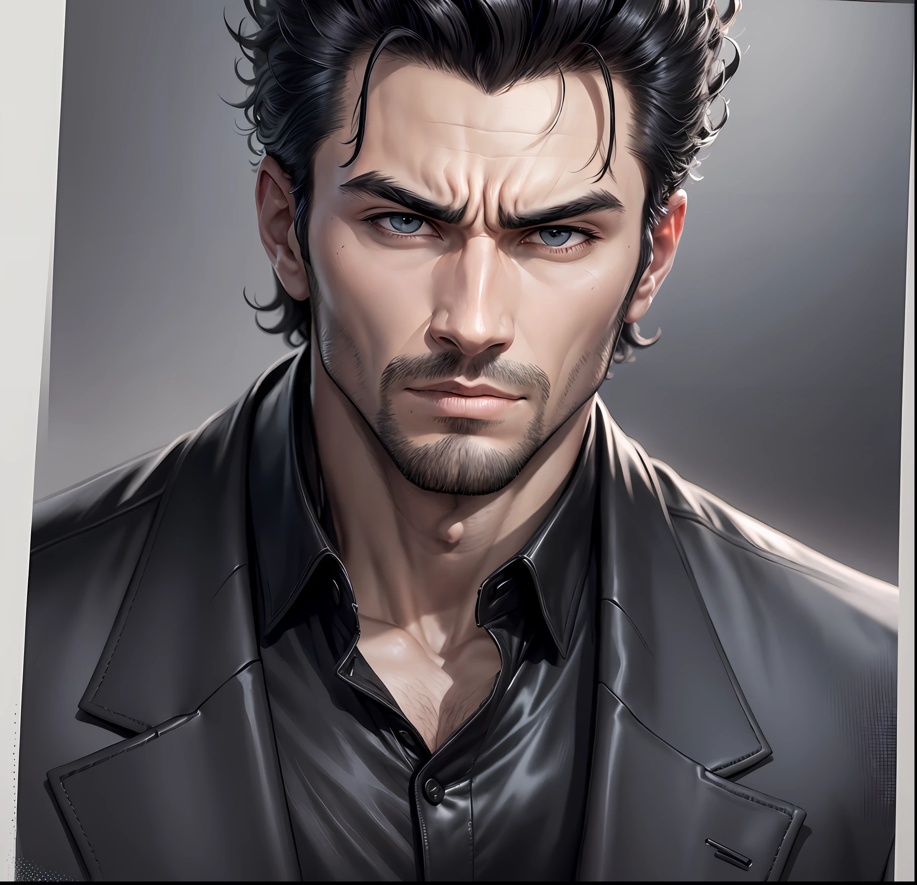 Arafed man with a black jacket and black shirt, handsome man, attractive handsome face, really beautiful looking face!, good looking tough guy, sexy look, handsome man, handsome and attractive, concentrated look, attractive man, menacing look, serious sad look in his eyes --auto --s2