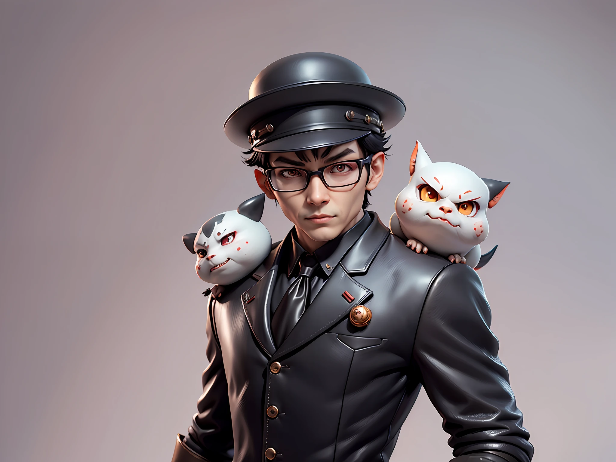 Young man with oriental face in leather hat, dragon, formal suit, short black hair, silver glasses, digital painting, 3D character design by Mark Clairedon and Pixar and Hayao Miyazaki and Akira Toriyama, the illustration is a high-definition illustration in 4K resolution with very detailed facial features and cartoon-style visuals.