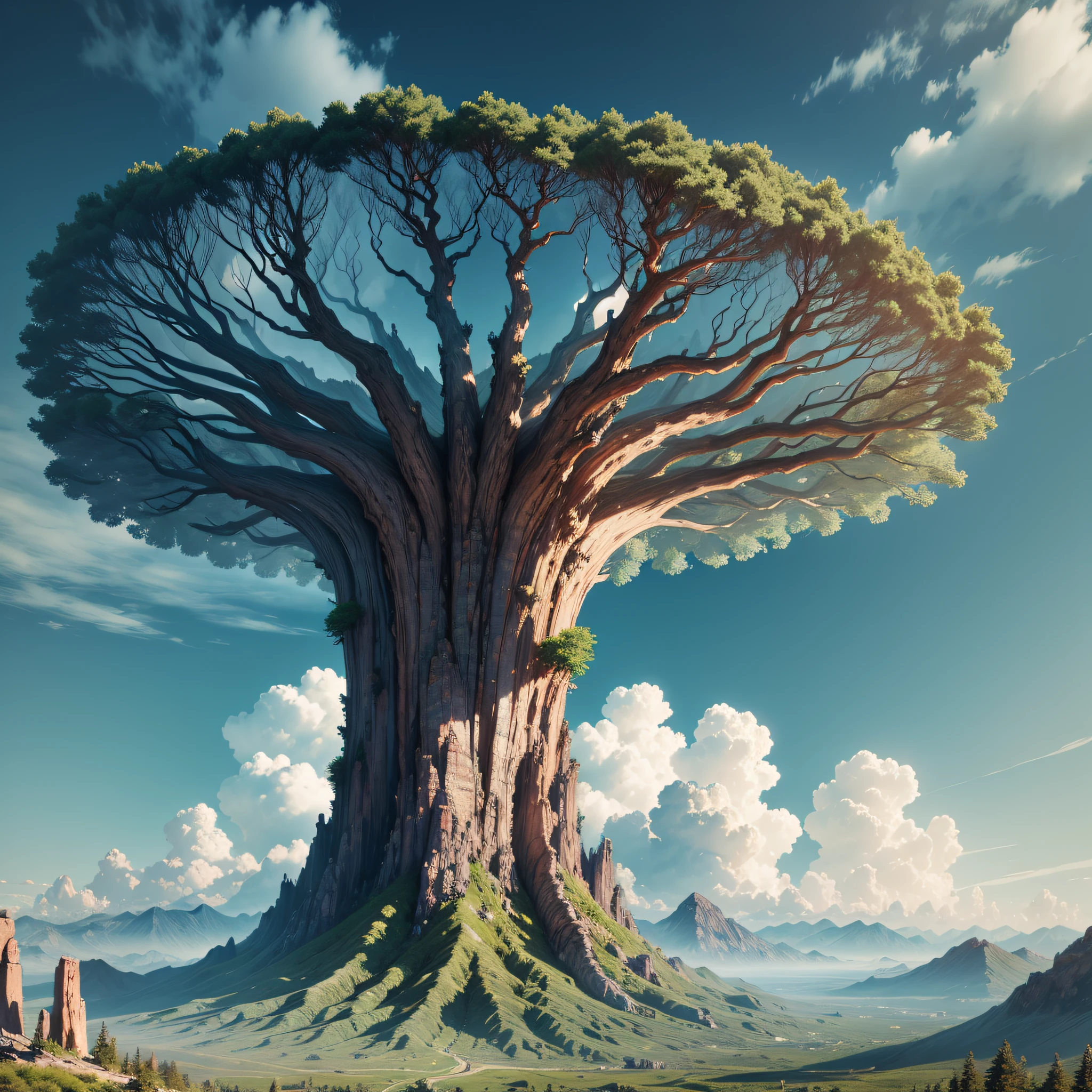 high definition, 8k, something surreal, tree, gigantic tree, roots like mountains, so big that it disappears into the clouds, immense, connects the earth to the heavens --auto --s2