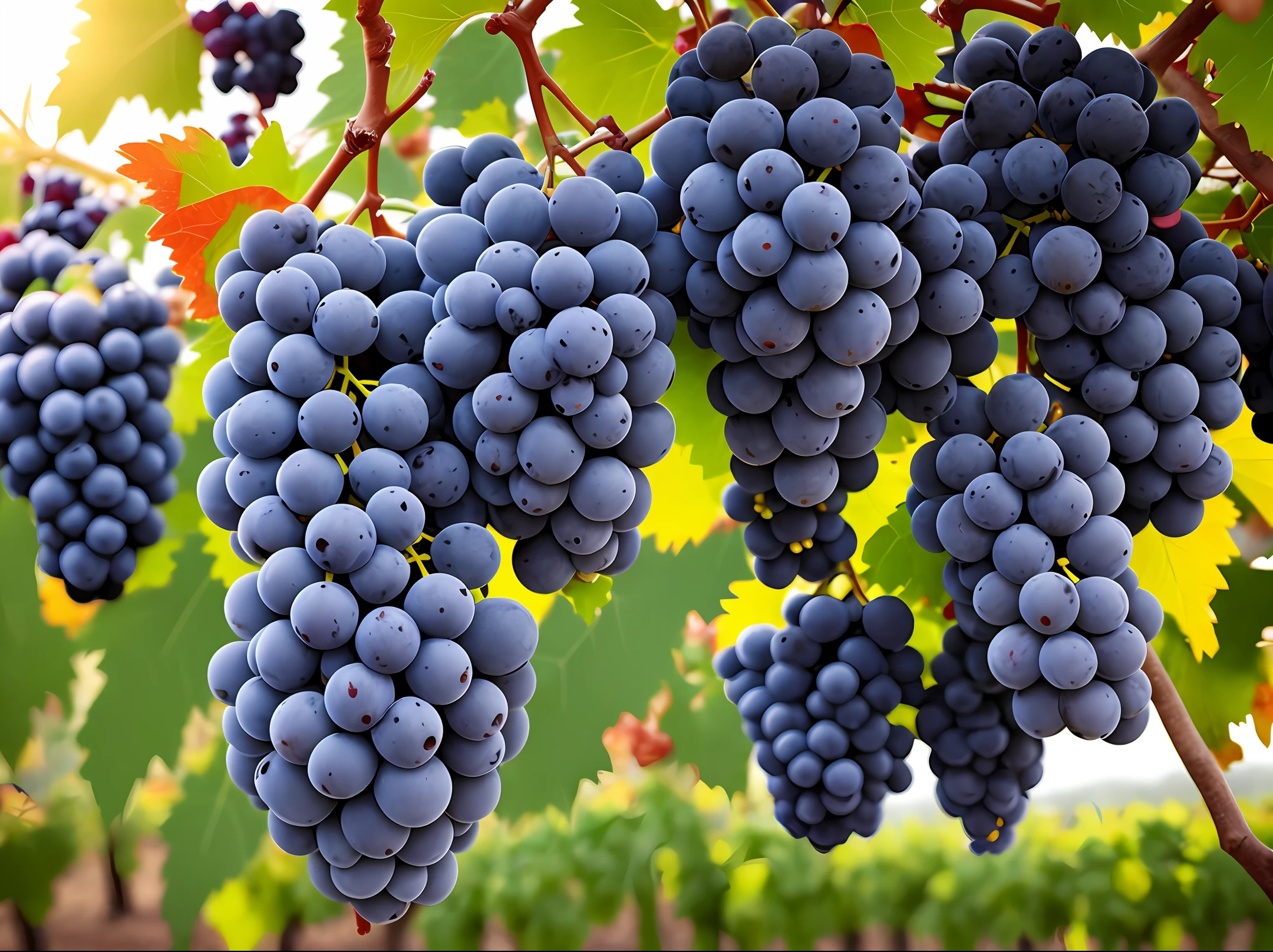 vineyard, dive into a cluster of ripe grapes. Showcase the tight pack of the fruits and their translucent, often, details, viewer, sweetness, ultra realistic