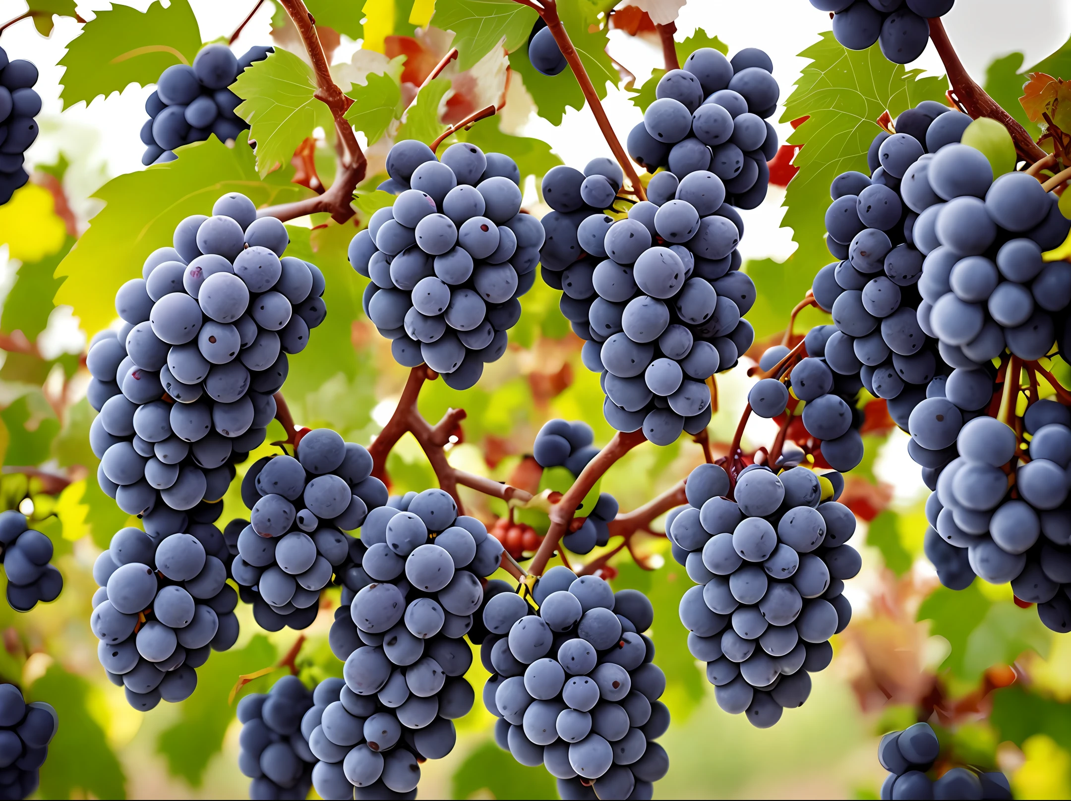 vineyard, dive into a cluster of ripe grapes. Showcase the tight pack of the fruits and their translucent, often, details, viewer, sweetness, ultra realistic