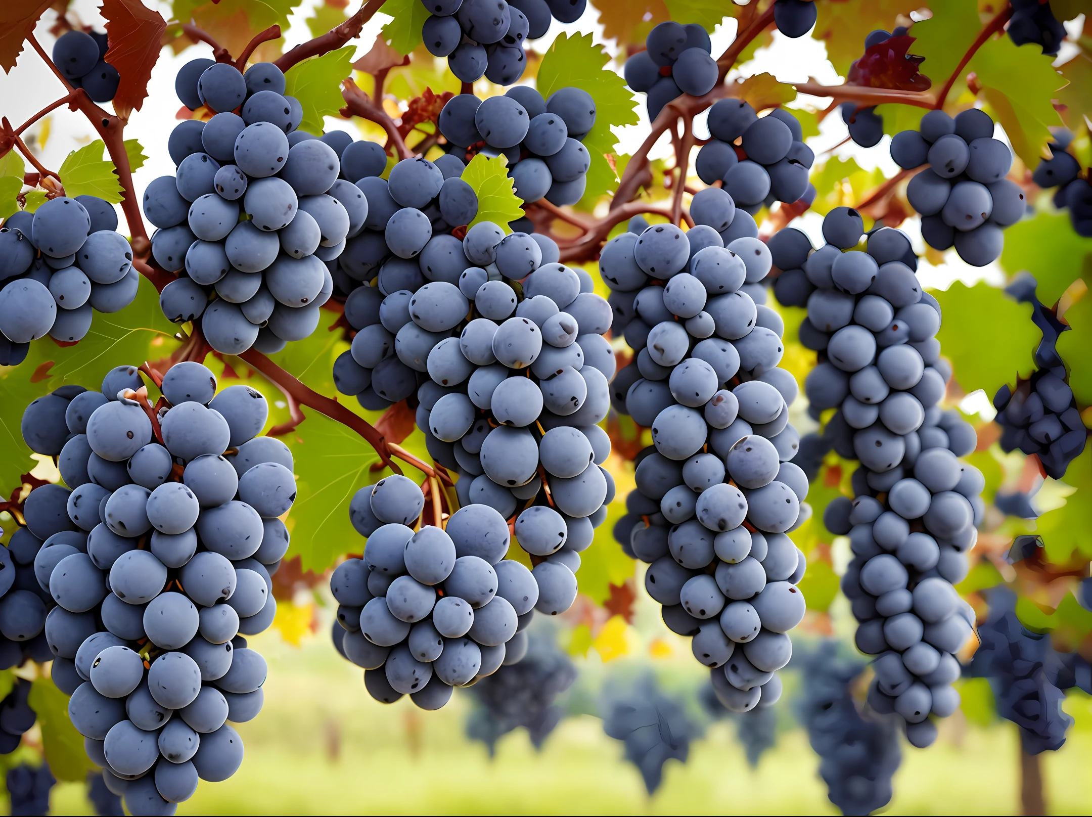 vineyard, dive into a cluster of ripe grapes. Showcase the tight pack of the fruits and their translucent, often, details, viewer, sweetness, ultra realistic