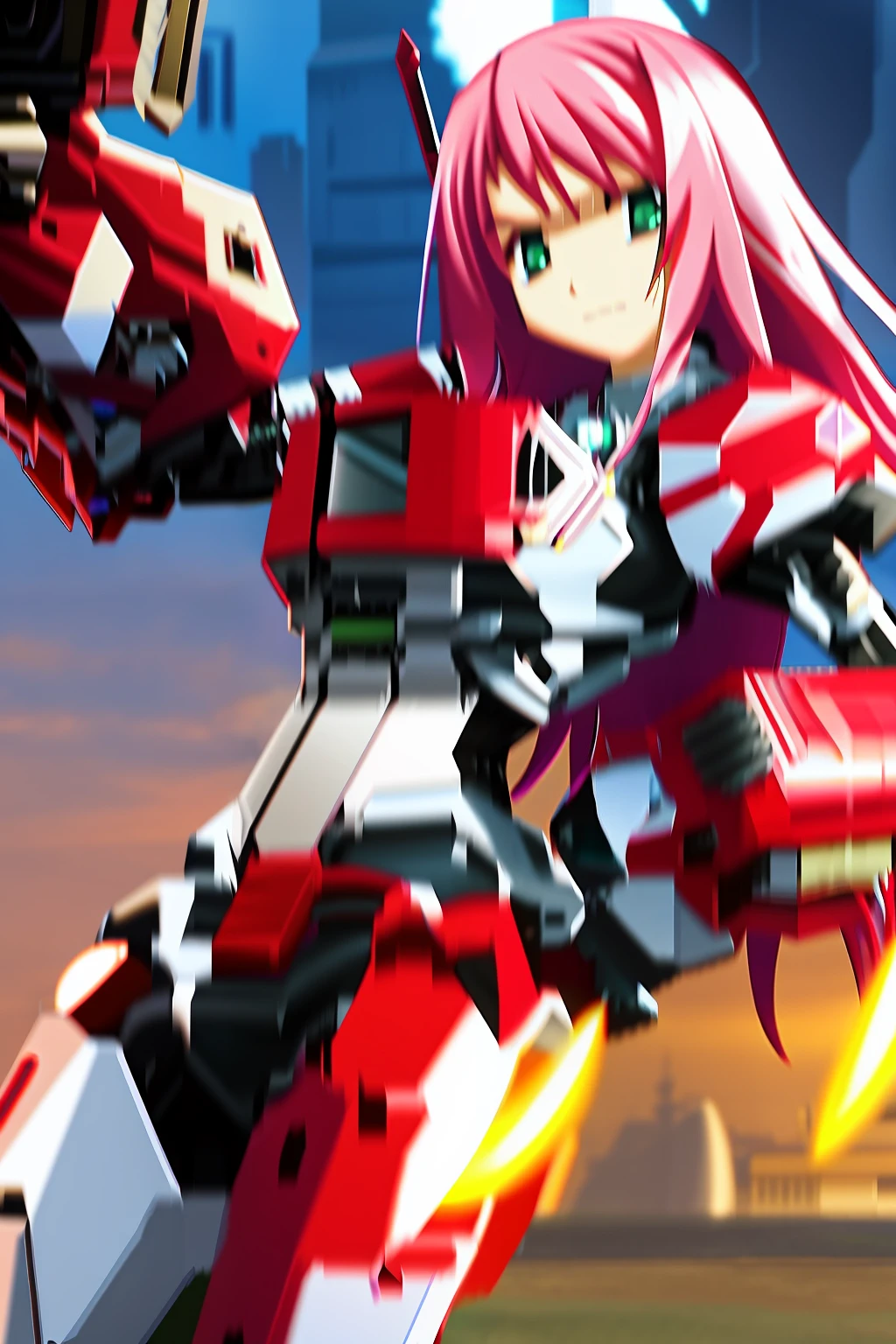 Female face Android long hair sexy body armor with neon breasts big rocket launcher senary city