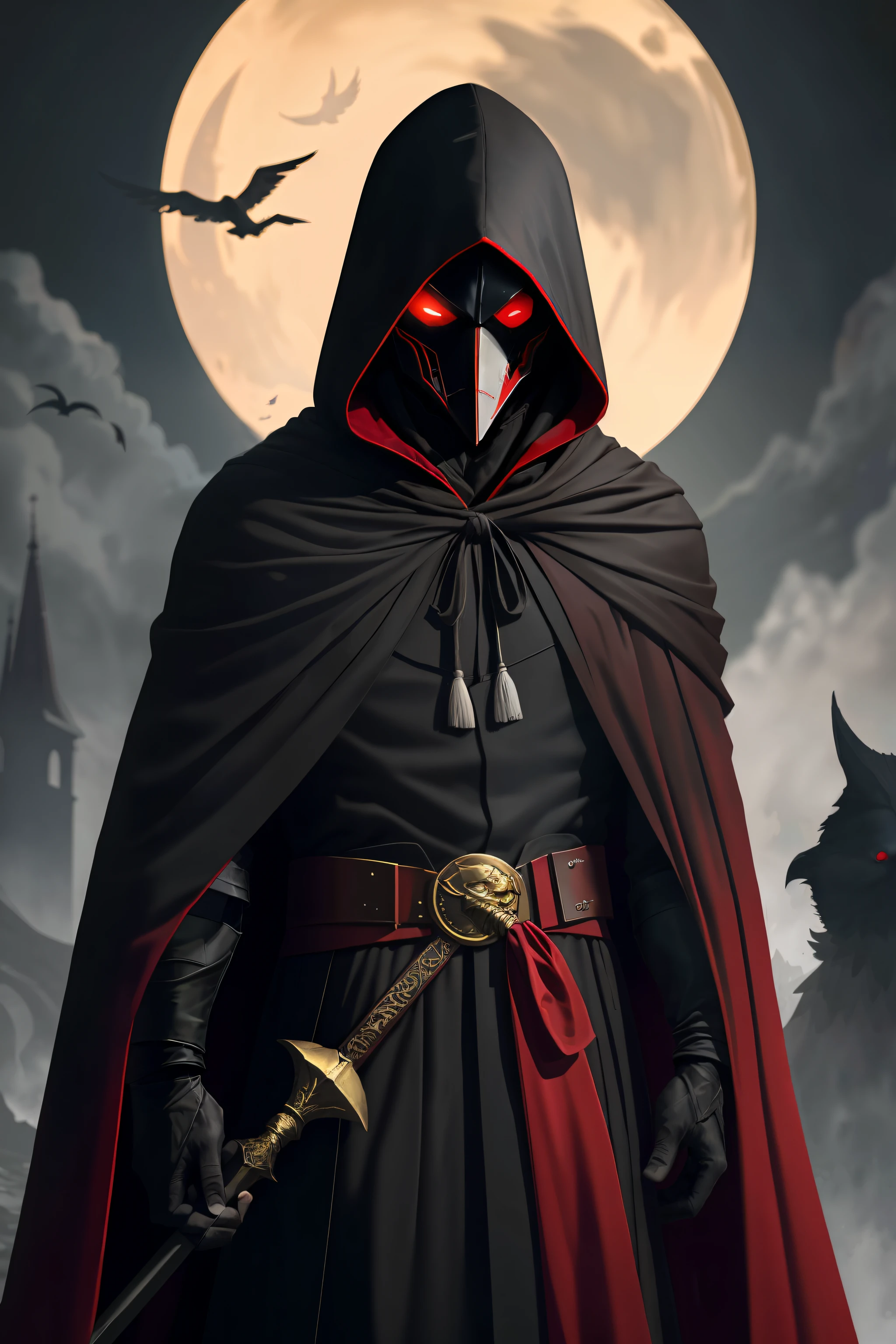 A shadowy man, red closed robe, cloak hiding body,red hood, mask hiding face, ghastly, scary, white crow mask with golden beak, red hooded robe, dark scenery, dark night, halberd on the back, realistic image, 8k image, HD image, High resolution, masterpiece