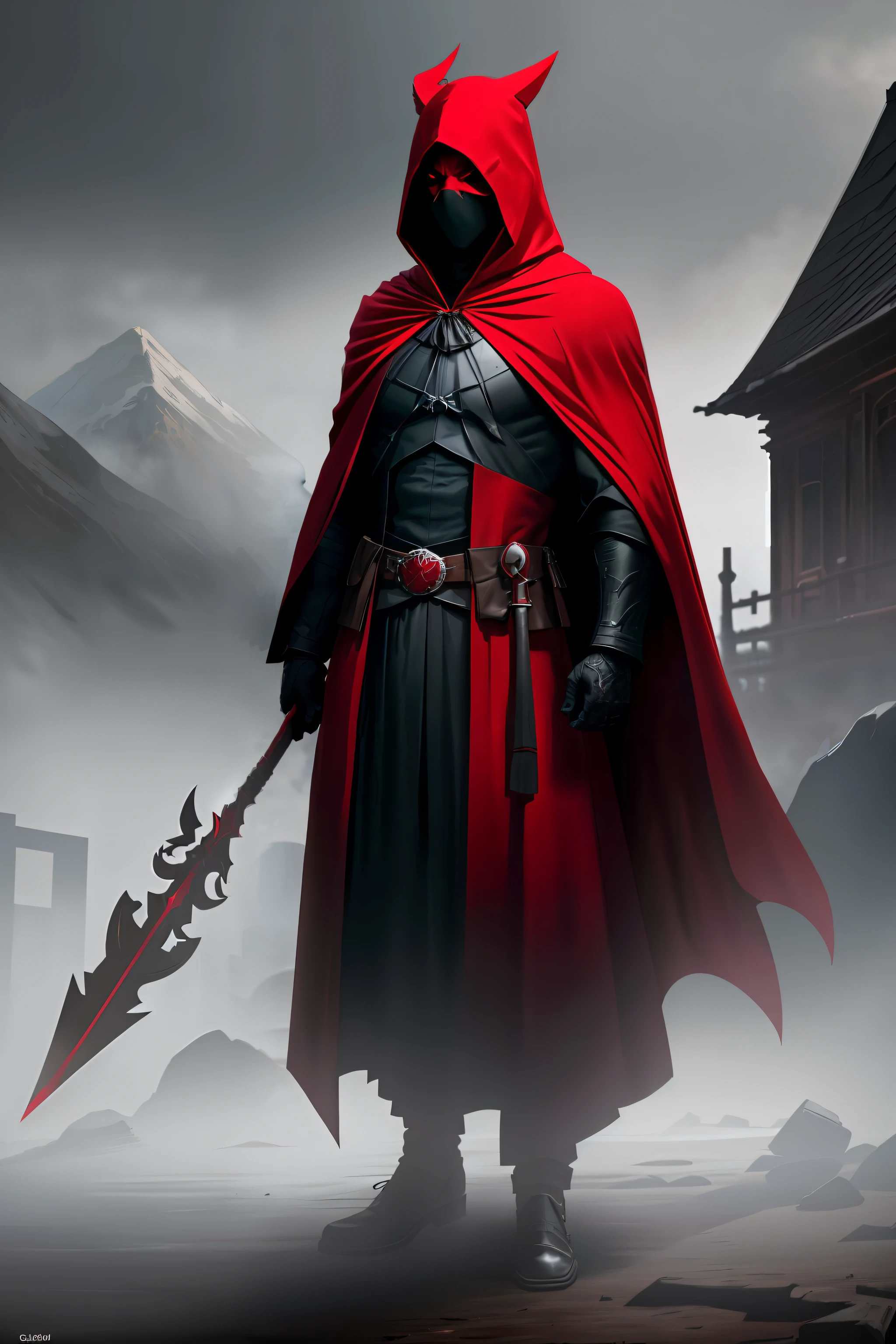A shadowy man, red closed robe, cloak hiding body,red hood, mask hiding face, ghastly, scary, white crow mask with golden beak, red hooded robe, dark scenery, dark night, halberd on the back, realistic image, 8k image, HD image, High resolution, masterpiece