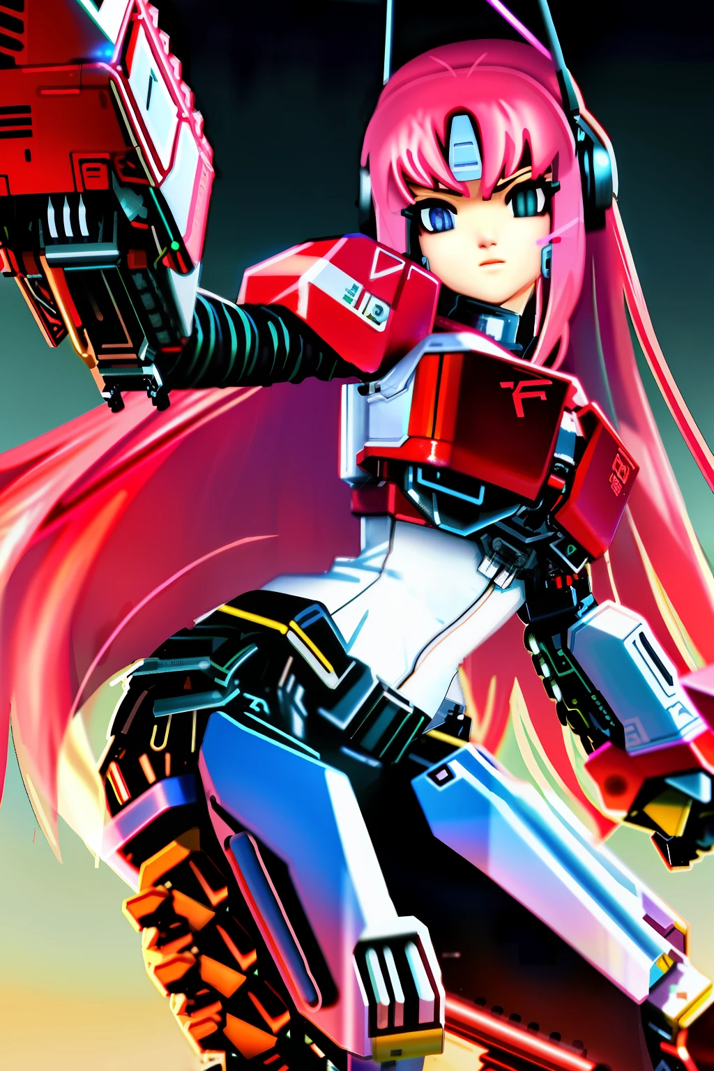 Female face Android long hair sexy body armor with neon breasts big rocket launcher senary city