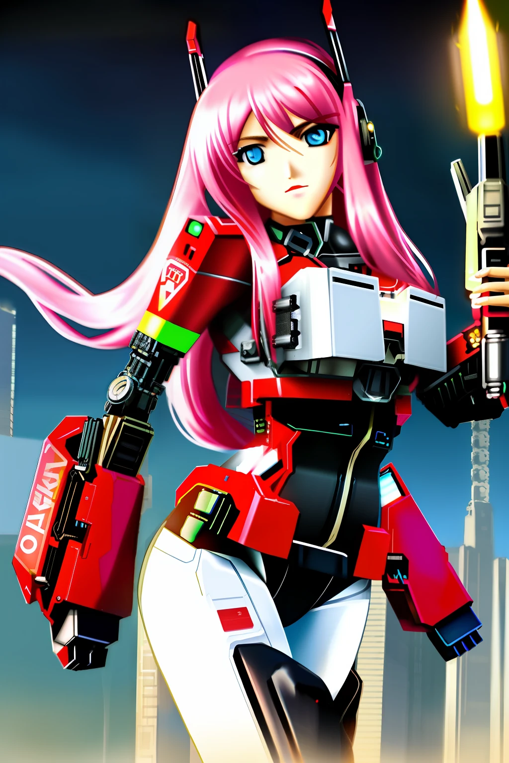 Female face Android long hair sexy body armor with neon breasts big rocket launcher senary city