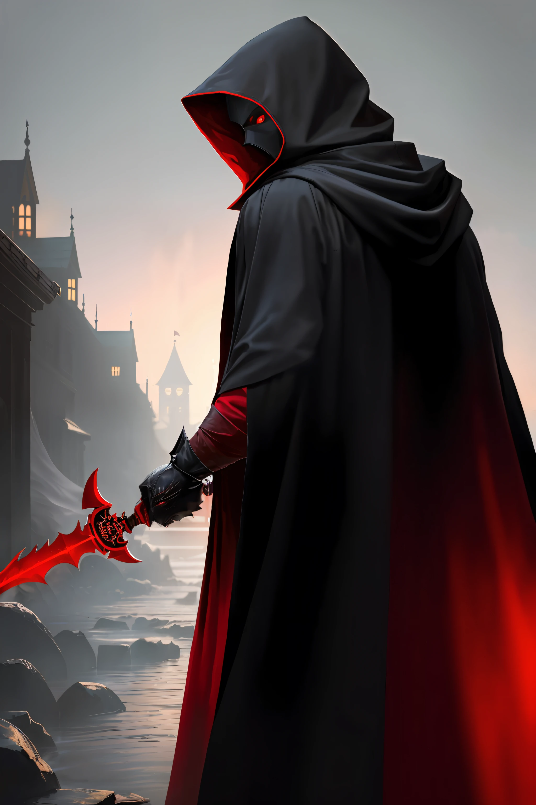 A shadowy man, red closed robe, cloak hiding body,red hood, mask hiding face, ghastly, scary, white crow mask with golden beak, red hooded robe, dark scenery, dark night, halberd on the back, realistic image, 8k image, HD image, High resolution, masterpiece
