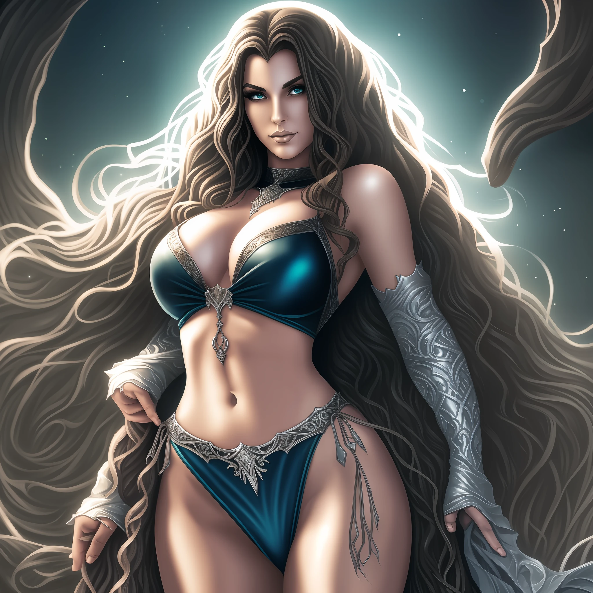 Me in a gothic setting of Castlevania, long curly brown hair flowing, elongated and well-defined face with features of a tall woman with Italian ancestry, wearing blue bikini and metallic silver, green eyes, wide hips, intricate details. The background is dark and Gothic, adding to the mysterious atmosphere. This art is on the rise at ArtStation, capturing the essence of the iconic Symphony of the Night game. The illustration is soft, with sharp focus, showing the beauty and allure of me. --auto --s2