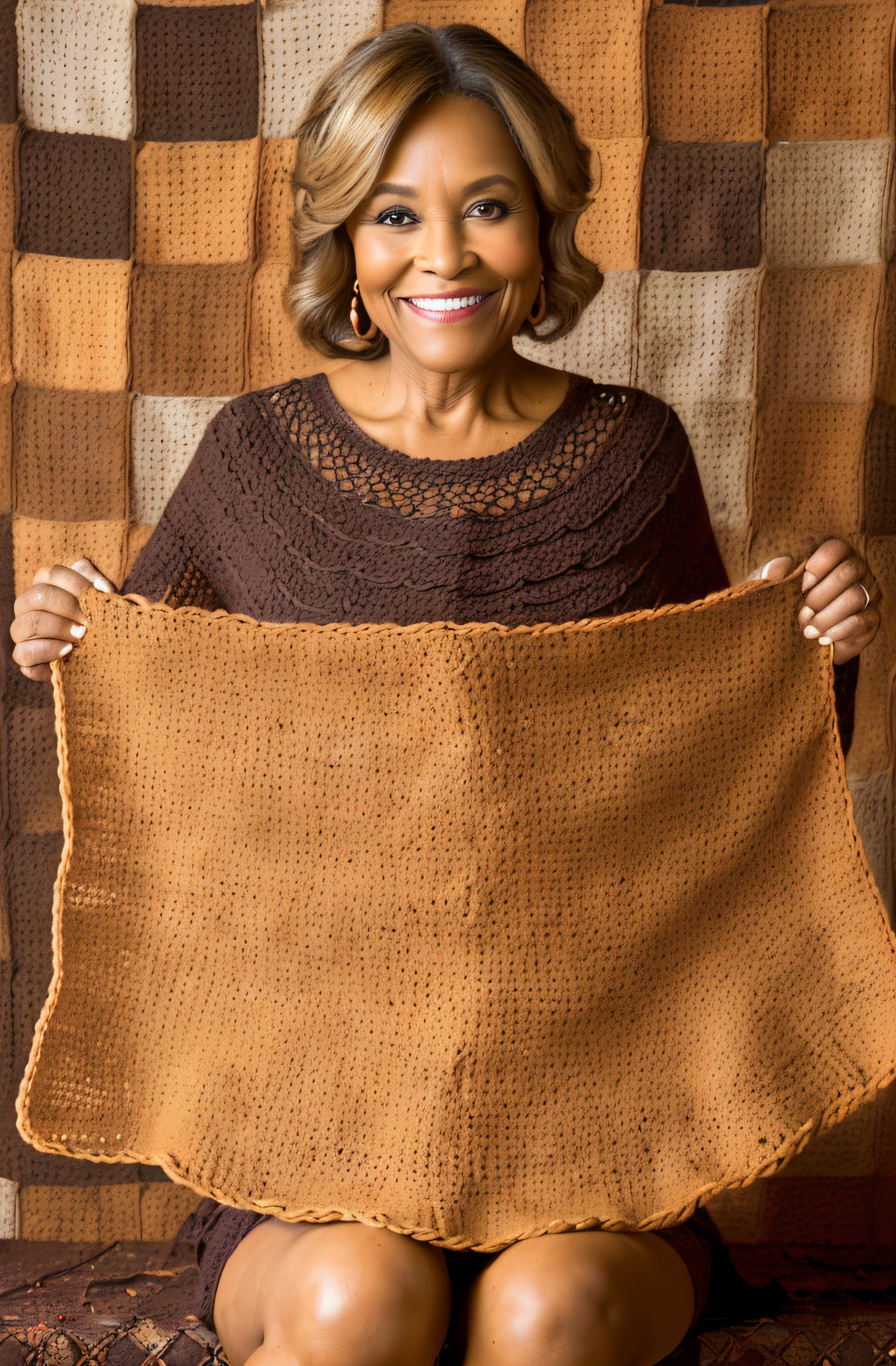 (full-body portrait of Beautiful Women smiling like a 55-year-old first lady), (holding a dark ochre-colored tablecloth of crochet patchwork with her hands, detailed:1.3), (highly detailed face:1.4), (8k, uhd, dslr, high-quality, cinematic lighting), (award-winning photography:1.3)