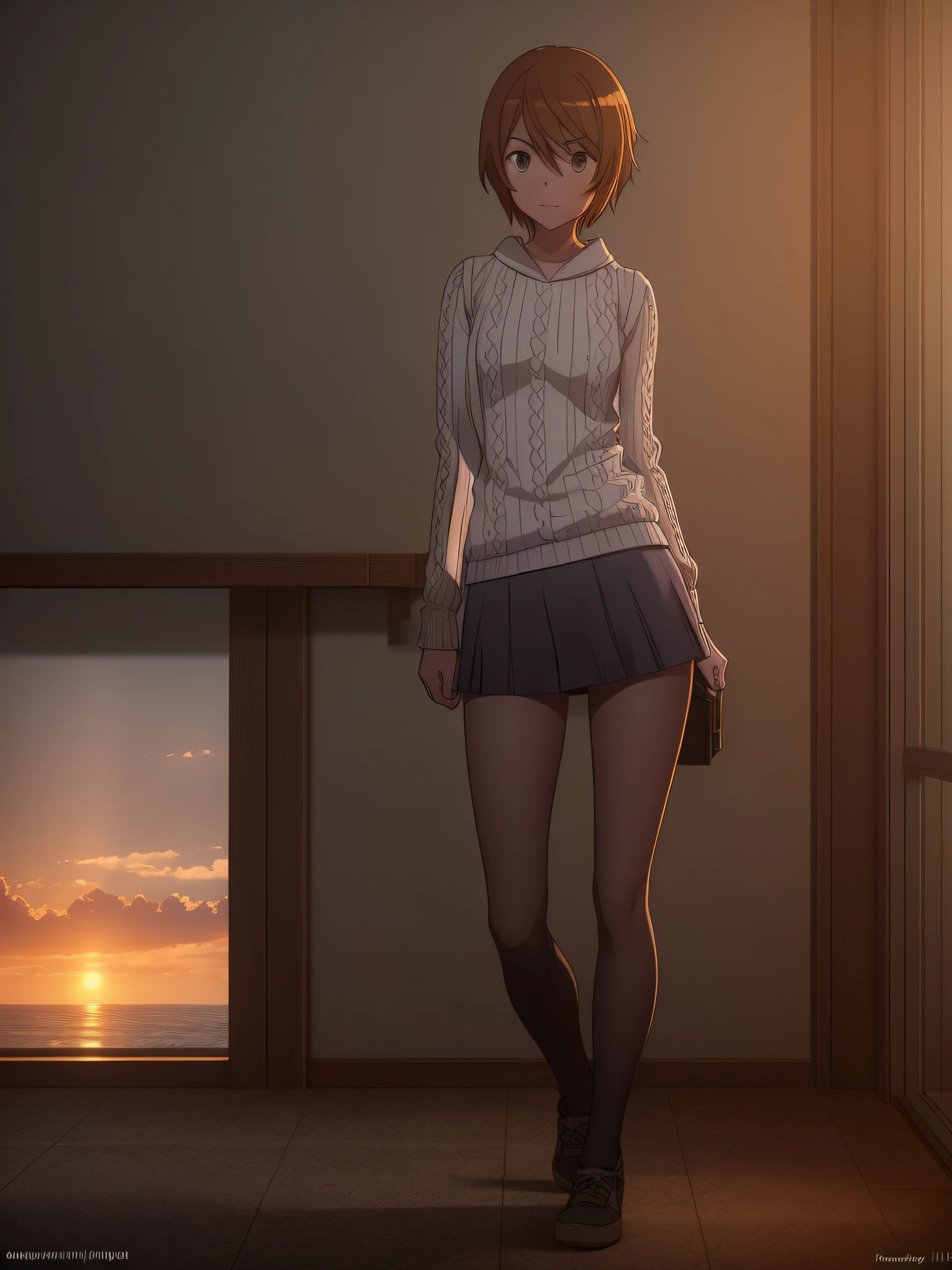 1girl, (shapely body), (solo), 19 years old, hdr, sweater, skirt, tights, epic realistic, RAW, analog, (1 person), realistic shadows, ((highly detailed skin, skin details)), sharp focus, 8k UHD, DSLR, high quality, Fujifilm XT3, soft cinematic light, adobe lightroom, photolab, hdr, intricate, highly detailed, (hdr:1.4), sunrise,