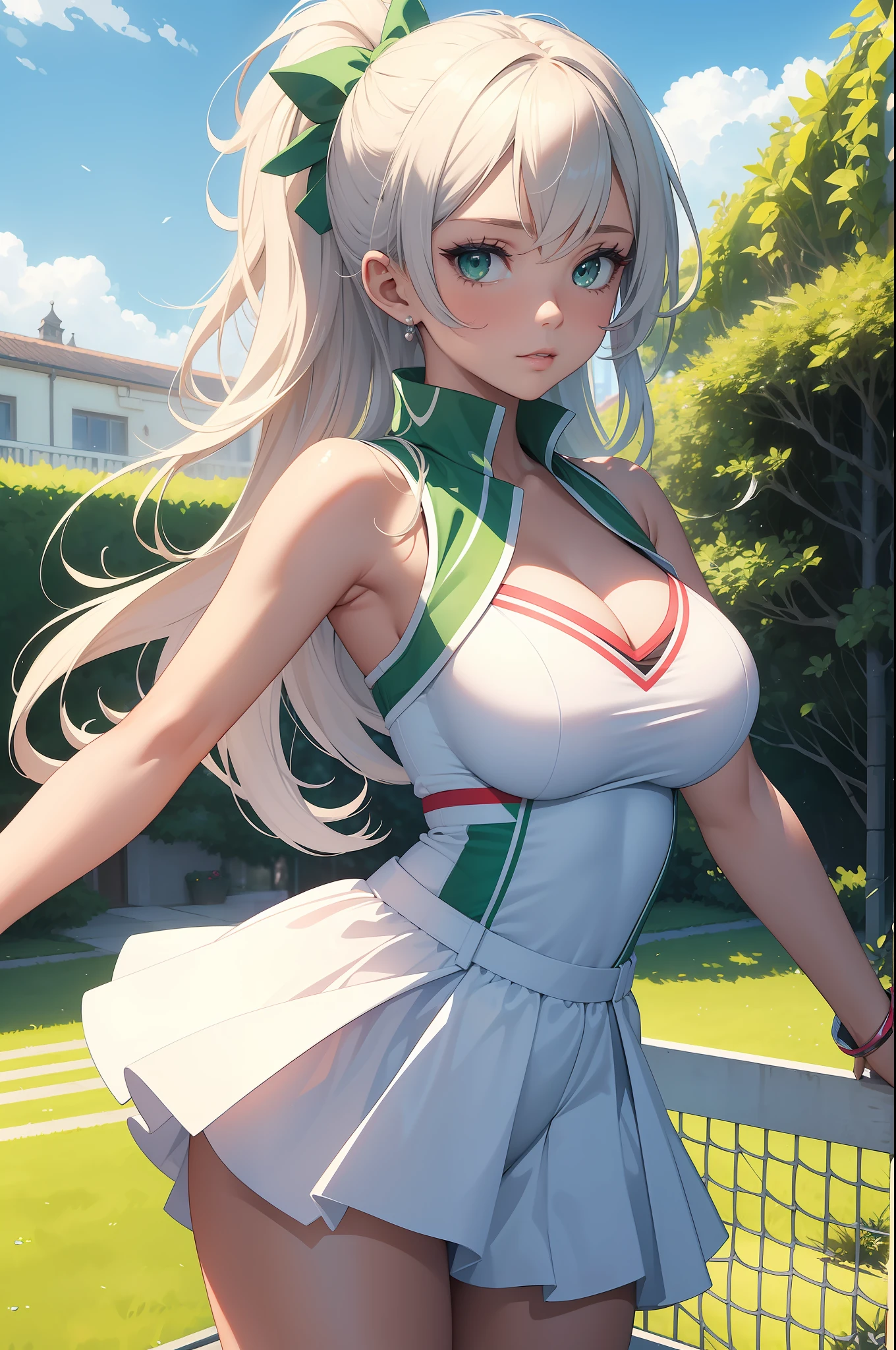 ((masterpiece)), best quality, ultra-detailed, an extremely beautiful and elegant, high-resolution rendering, (1girl), beautiful petite tennis player, energetic, white sleeveless tennis outfit with colorful trim, boobs and cleavage, green grass court, clear blue sky, and bright sunshine.