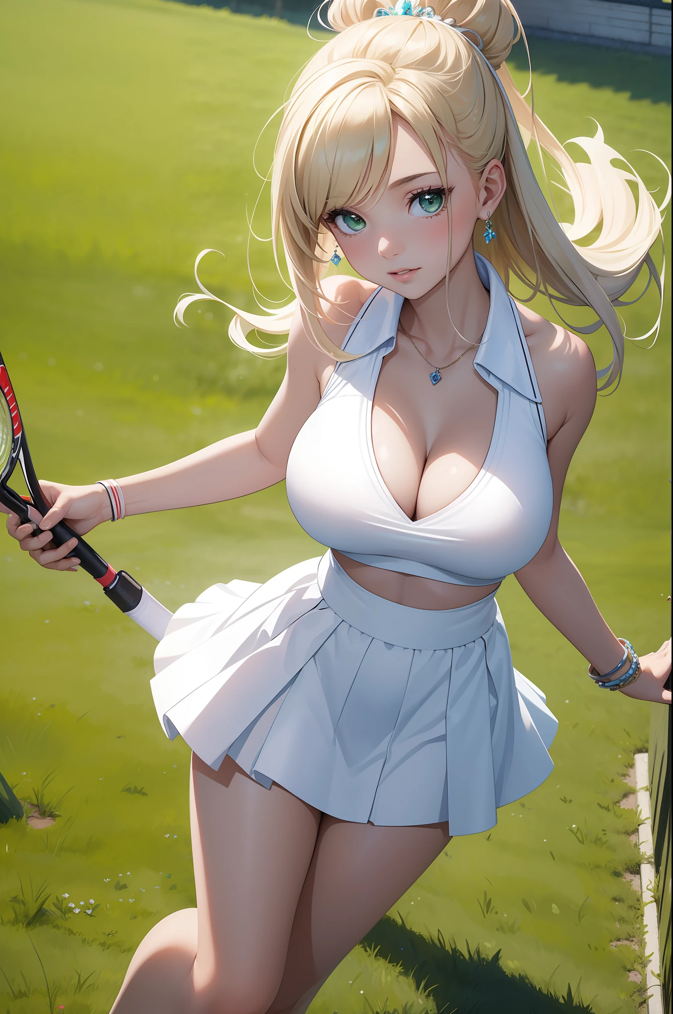 ((masterpiece)), best quality, ultra-detailed, an extremely beautiful and elegant, high-resolution rendering, (1girl), beautiful petite tennis player, energetic, white sleeveless tennis outfit with colorful trim, boobs and cleavage, green grass court, clear blue sky, and bright sunshine.