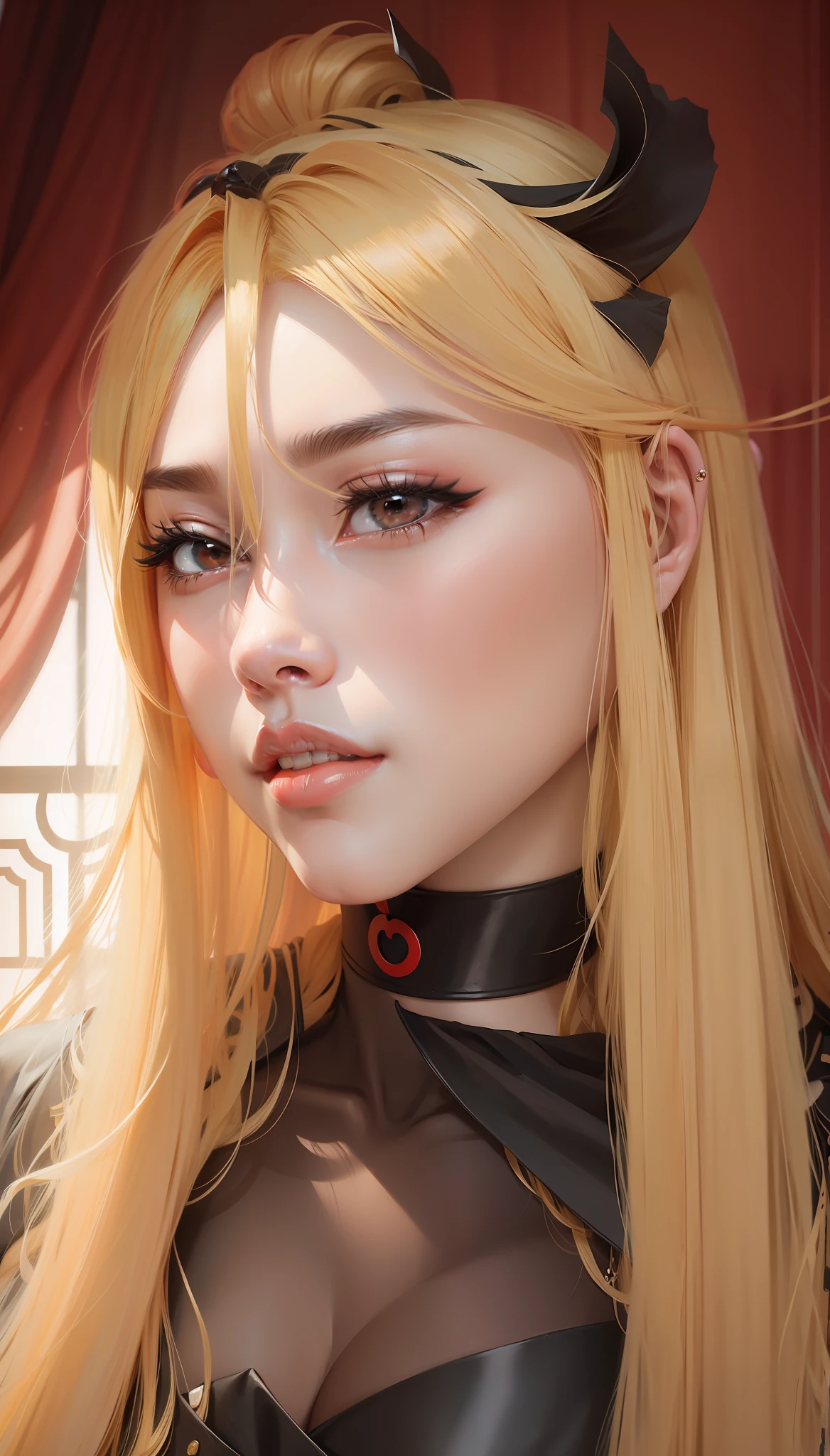 Blonde with long hair and red fringe in a black dress, Ning Guang, genshin