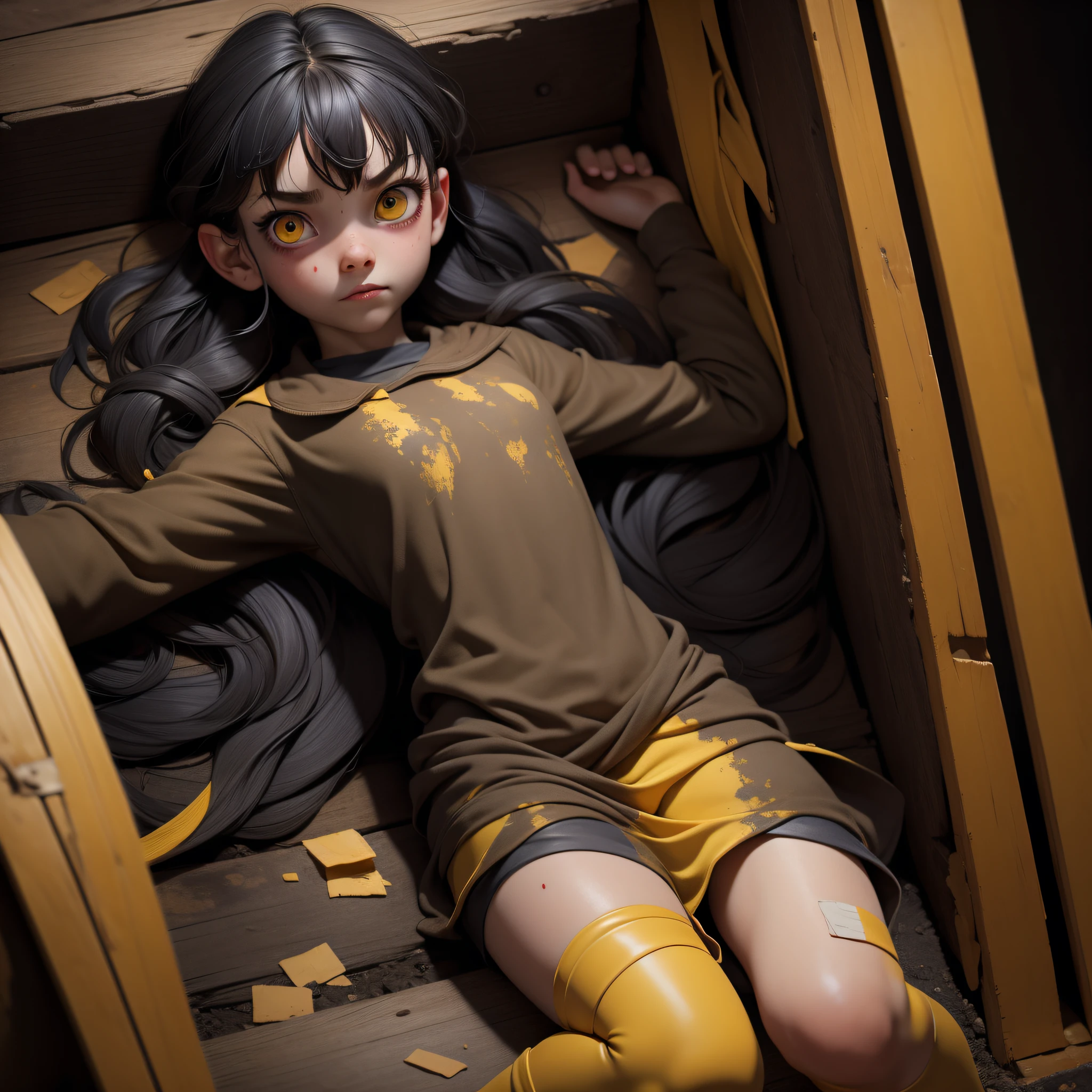 masterpiece, high resolution, image, best quality, 8k, best quality, ultra detailed, 1girl, child, 6 years old, solo, 1girl, lilsis, dirty, blood, (private parts covered with band-aid), flat breasts, black hair, horror \(theme\), floor, yellow eyes, dark, yellow sclera, bright eyes, scary, (haunted house: 1.4), wet body, muddy body,