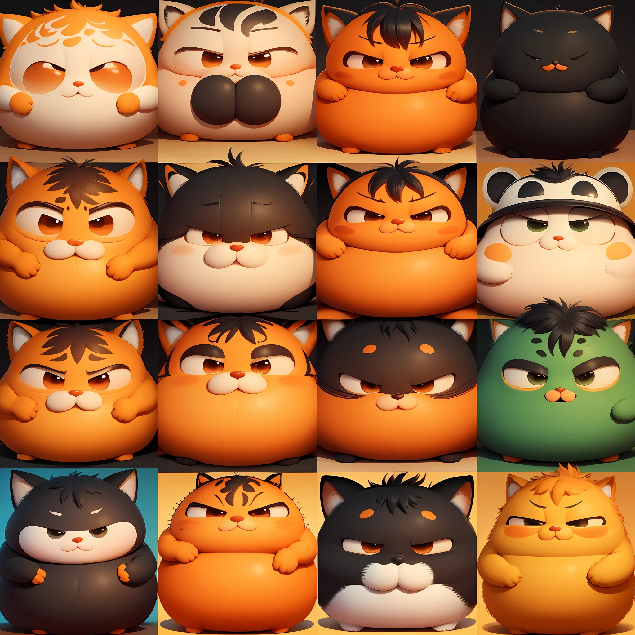 Fat and cute orange Garfield
Fat and cutemoji,anthropomorphic
style, Disney style, black strokes,
different emotions,multiple poss and
expressionse orange Garfield
-niji 5 --style cute --auto --s2