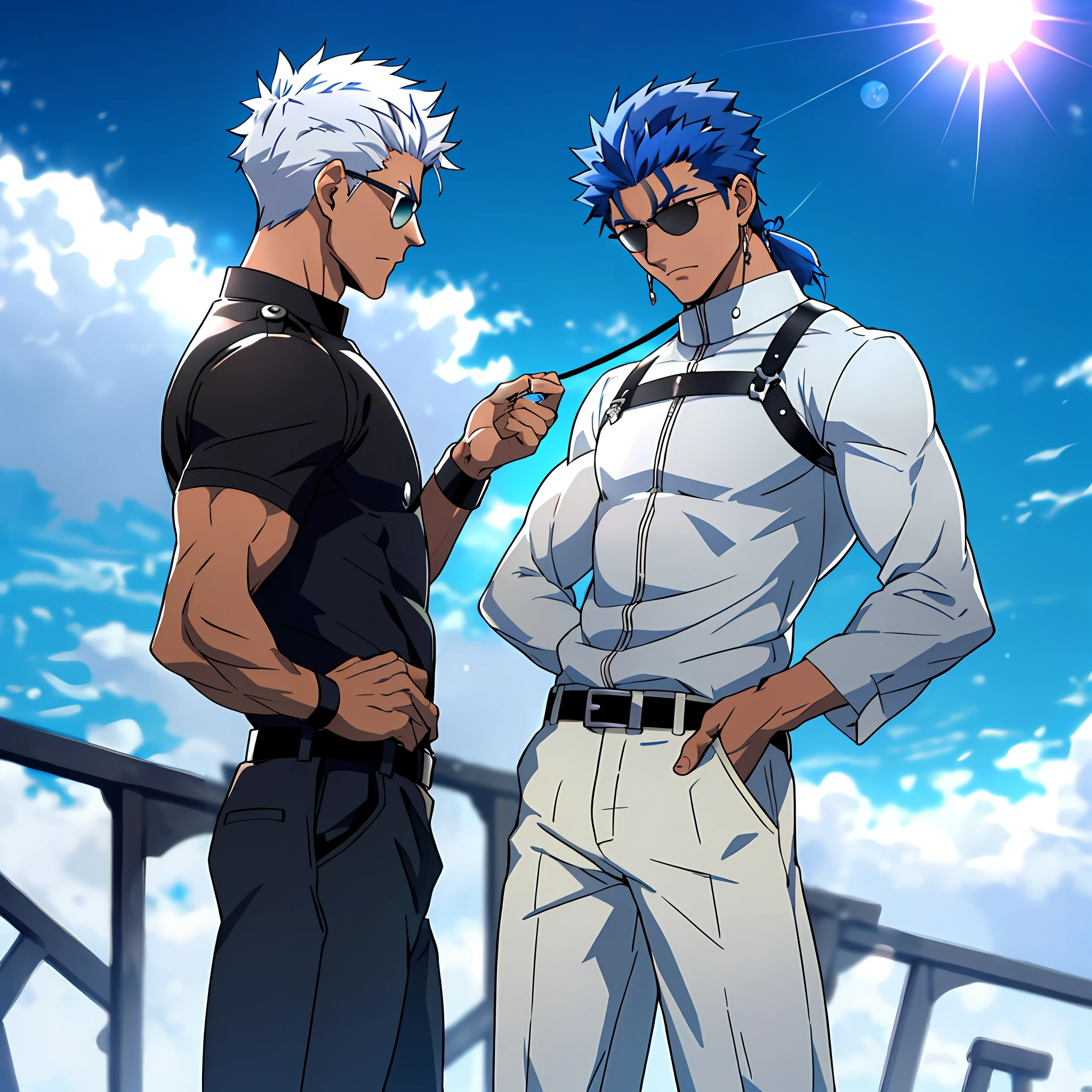 ((Masterpiece), best quality, emotional anime, immersive scene, accurate anatomical depiction of characters, detailed facial features, eye focus, fate unlimited blade works, fate style), (emiya (archer), archer /(fate/) in police leather uniform, silver hair, black police uniform, sun glasses, on the left side), (cu chulainn in leather harness on the right, blue hair, short ponytail,sun glasses, hands behind back, leather collar with a leash, on the right side),